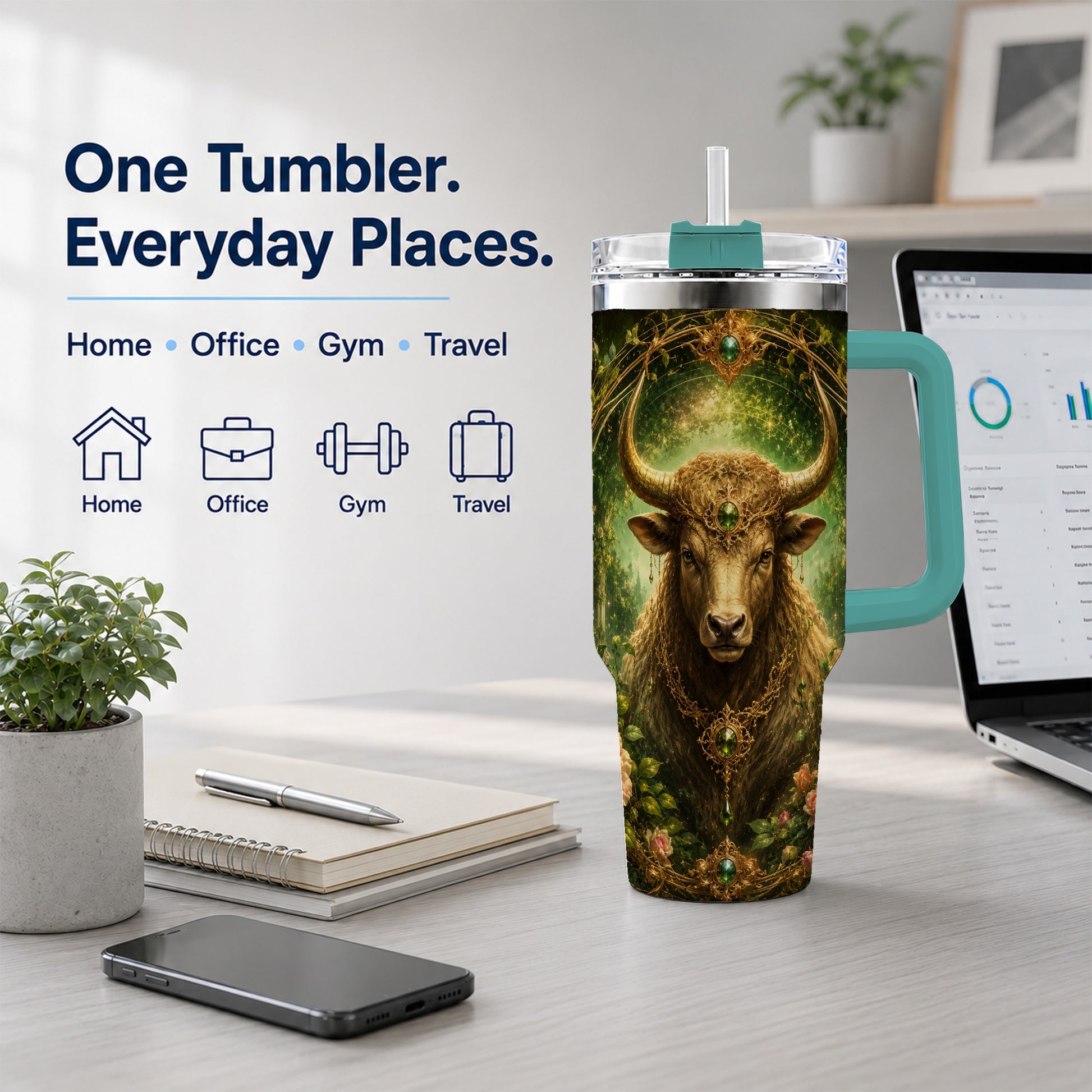 #pl[40oz|Green] Taurus Bull 40oz Tumbler with Handle, Earth Zodiac Celestial Art