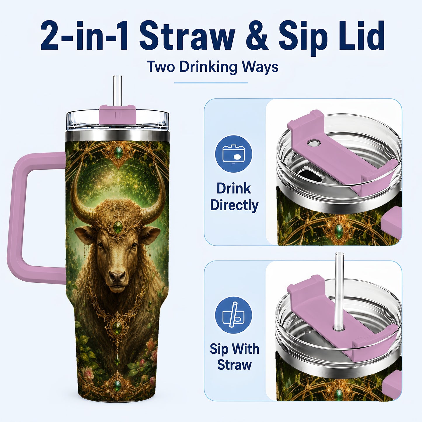 #pl[40oz|Pink] Taurus Bull 40oz Tumbler with Handle, Earth Zodiac Celestial Art