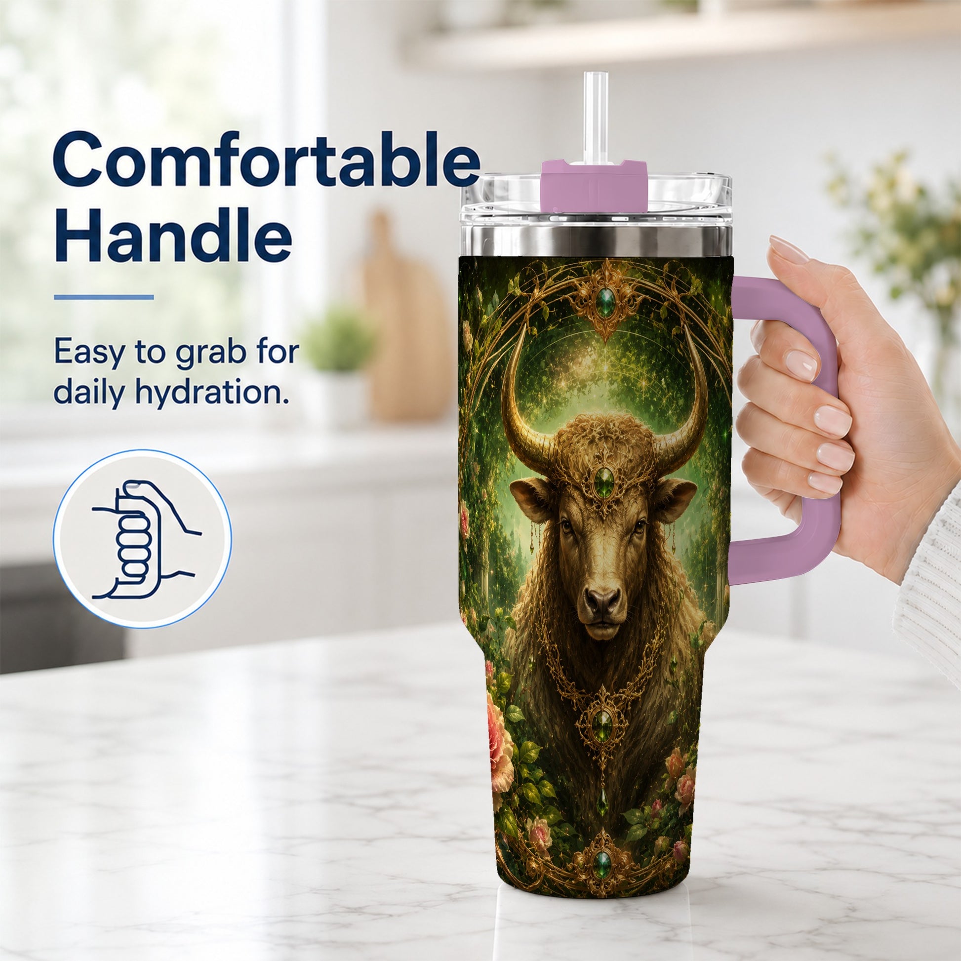 #pl[40oz|Pink] Taurus Bull 40oz Tumbler with Handle, Earth Zodiac Celestial Art