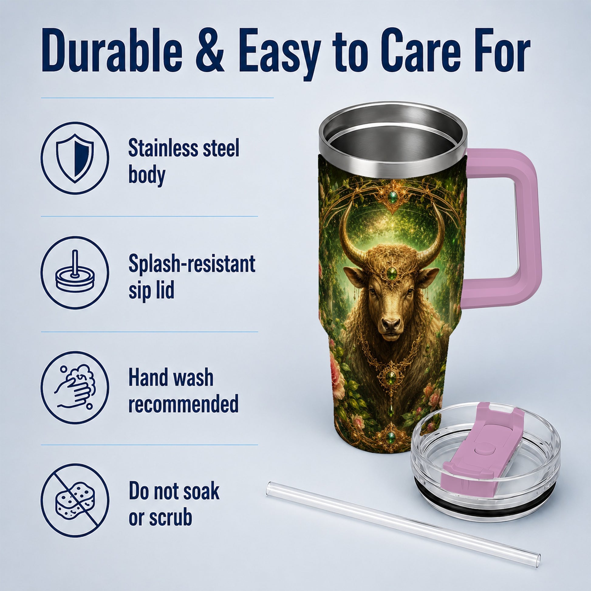 #pl[40oz|Pink] Taurus Bull 40oz Tumbler with Handle, Earth Zodiac Celestial Art