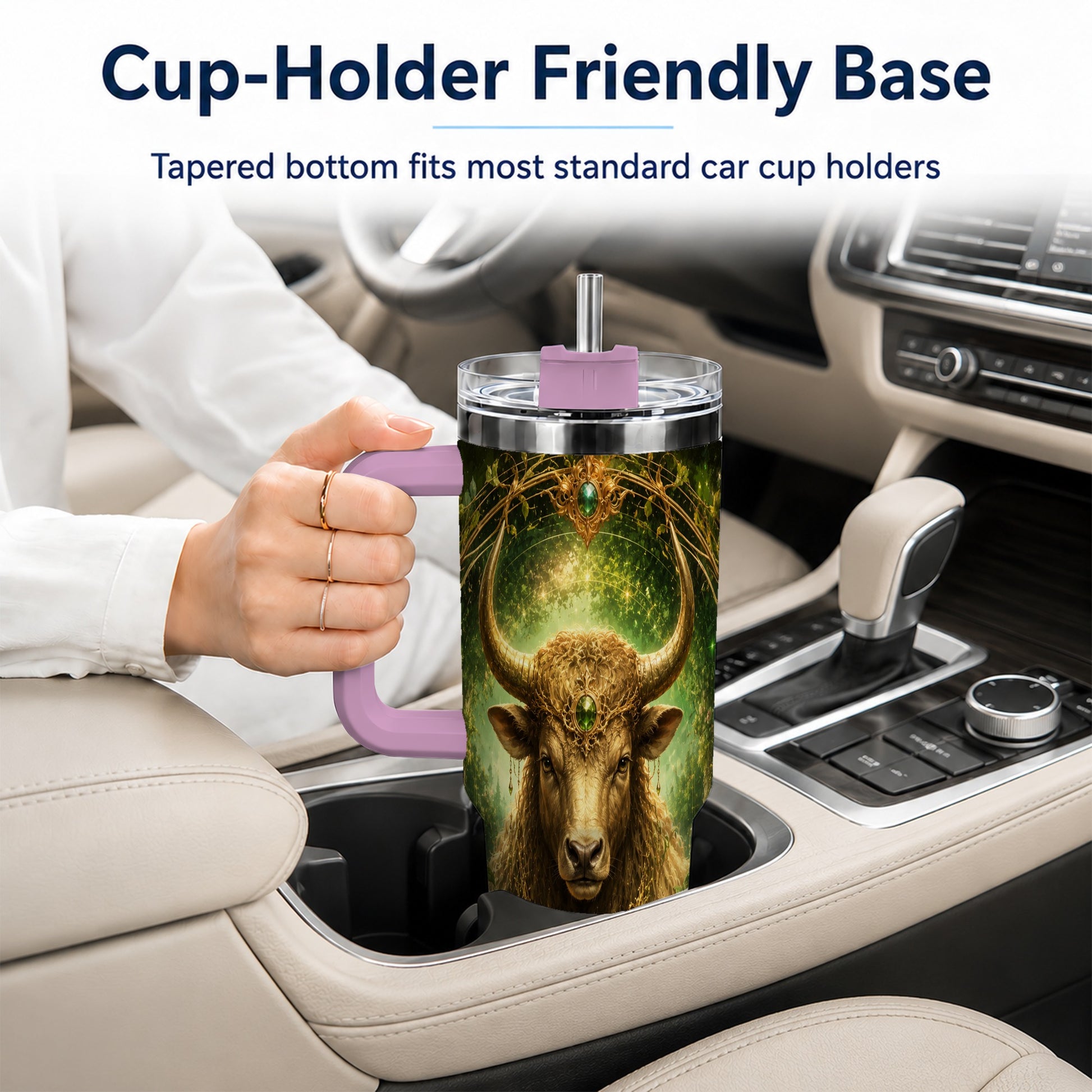 #pl[40oz|Pink] Taurus Bull 40oz Tumbler with Handle, Earth Zodiac Celestial Art