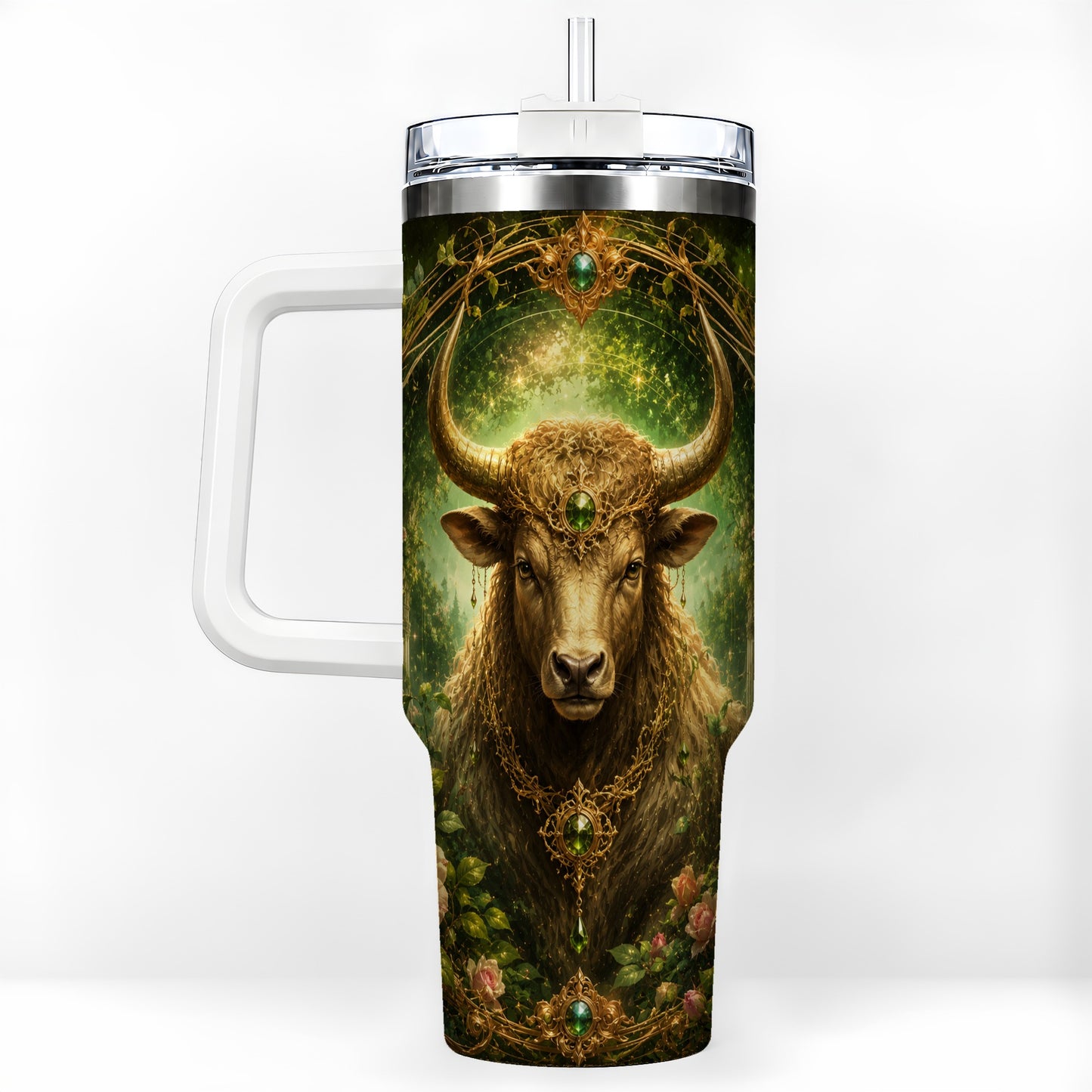 Taurus Bull 40oz Tumbler with Handle, Earth Zodiac Celestial Art
