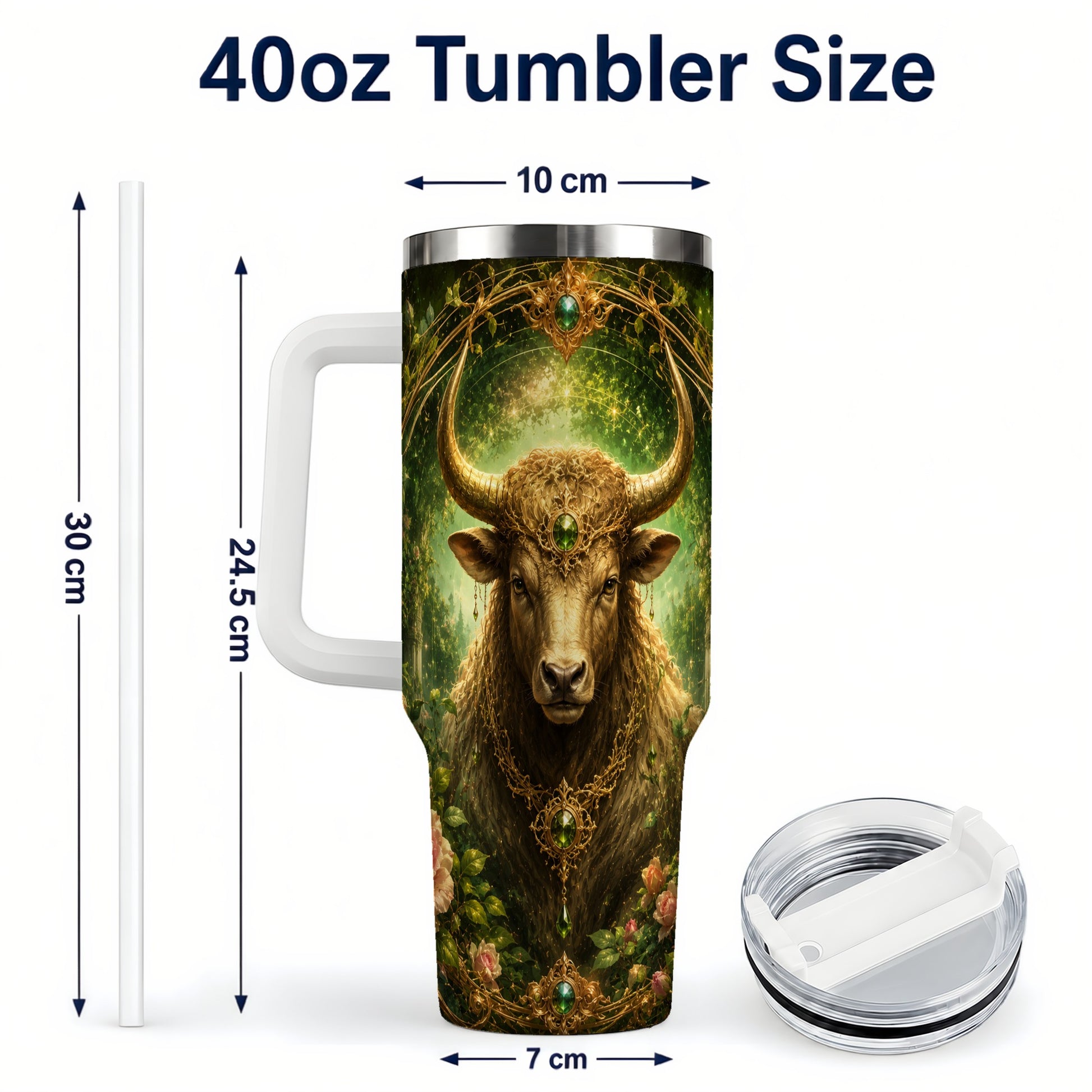 #pl[40oz|White] Taurus Bull 40oz Tumbler with Handle, Earth Zodiac Celestial Art
