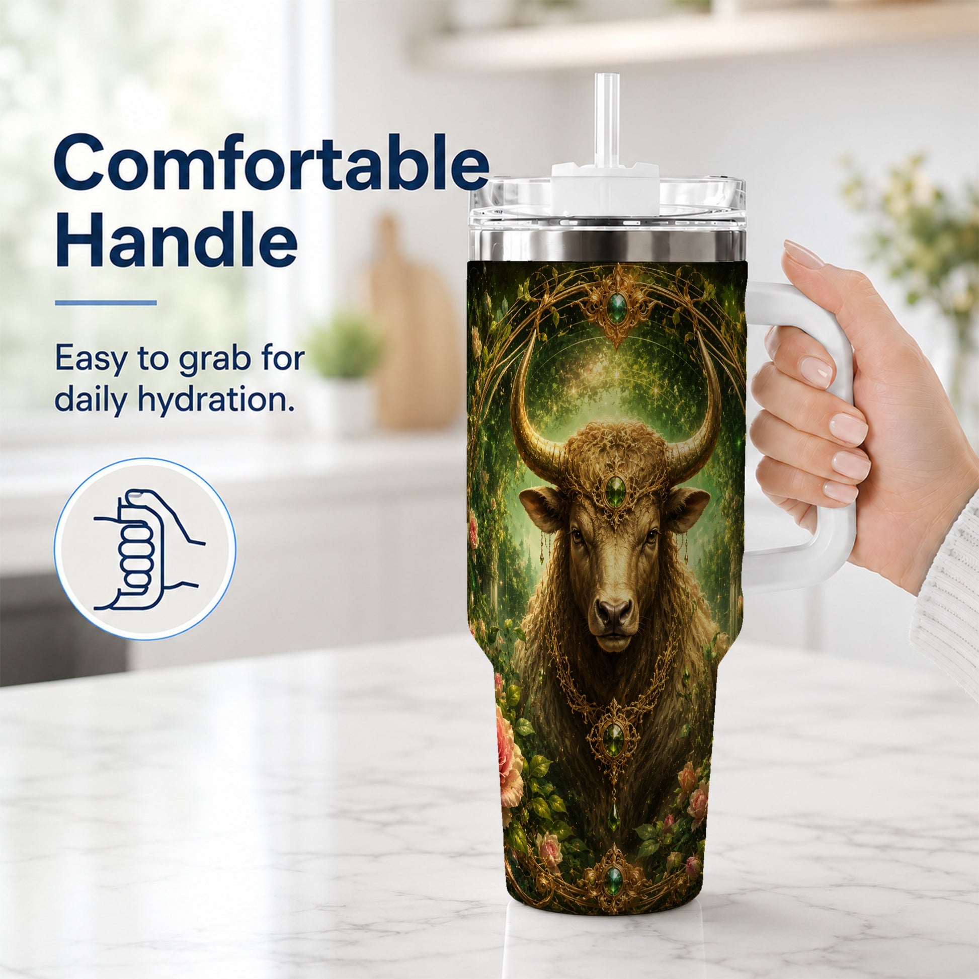 #pl[40oz|White] Taurus Bull 40oz Tumbler with Handle, Earth Zodiac Celestial Art