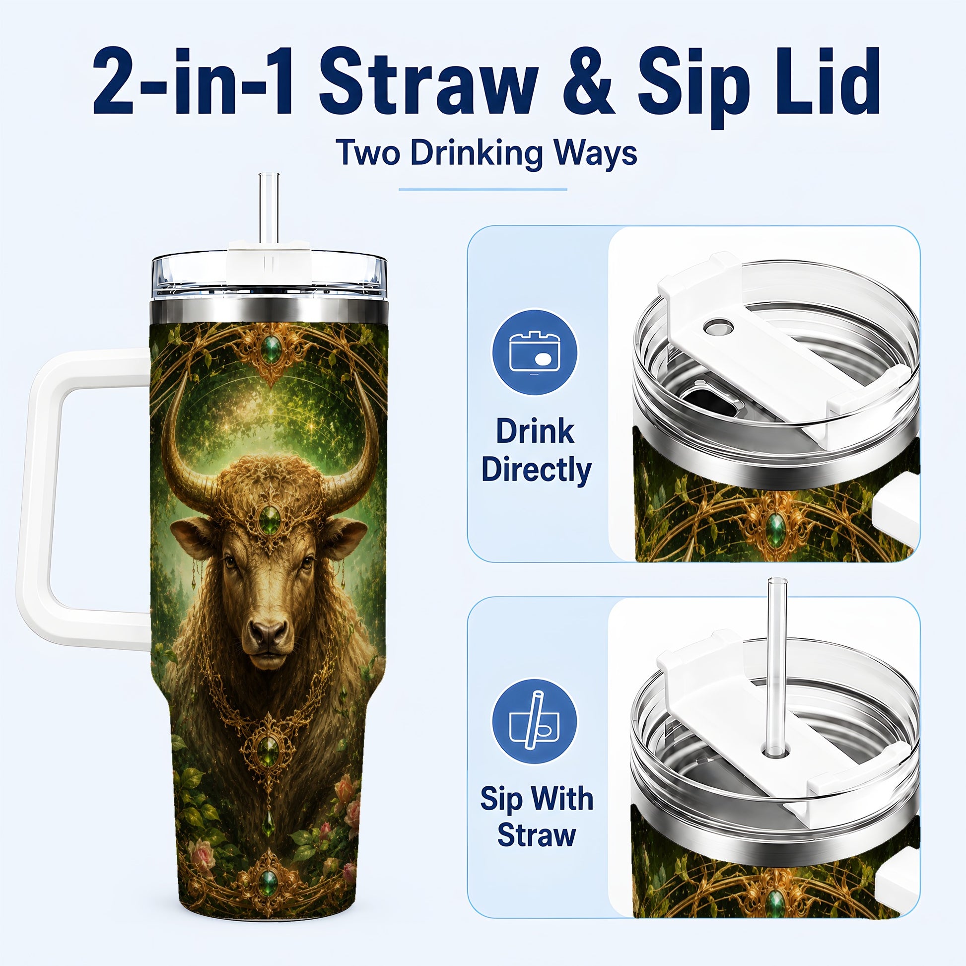#pl[40oz|White] Taurus Bull 40oz Tumbler with Handle, Earth Zodiac Celestial Art