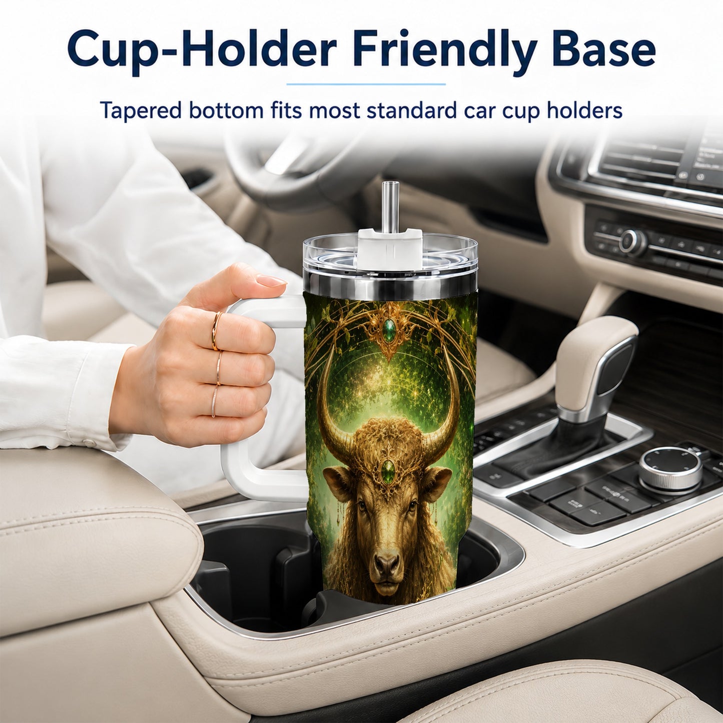 #pl[40oz|White] Taurus Bull 40oz Tumbler with Handle, Earth Zodiac Celestial Art
