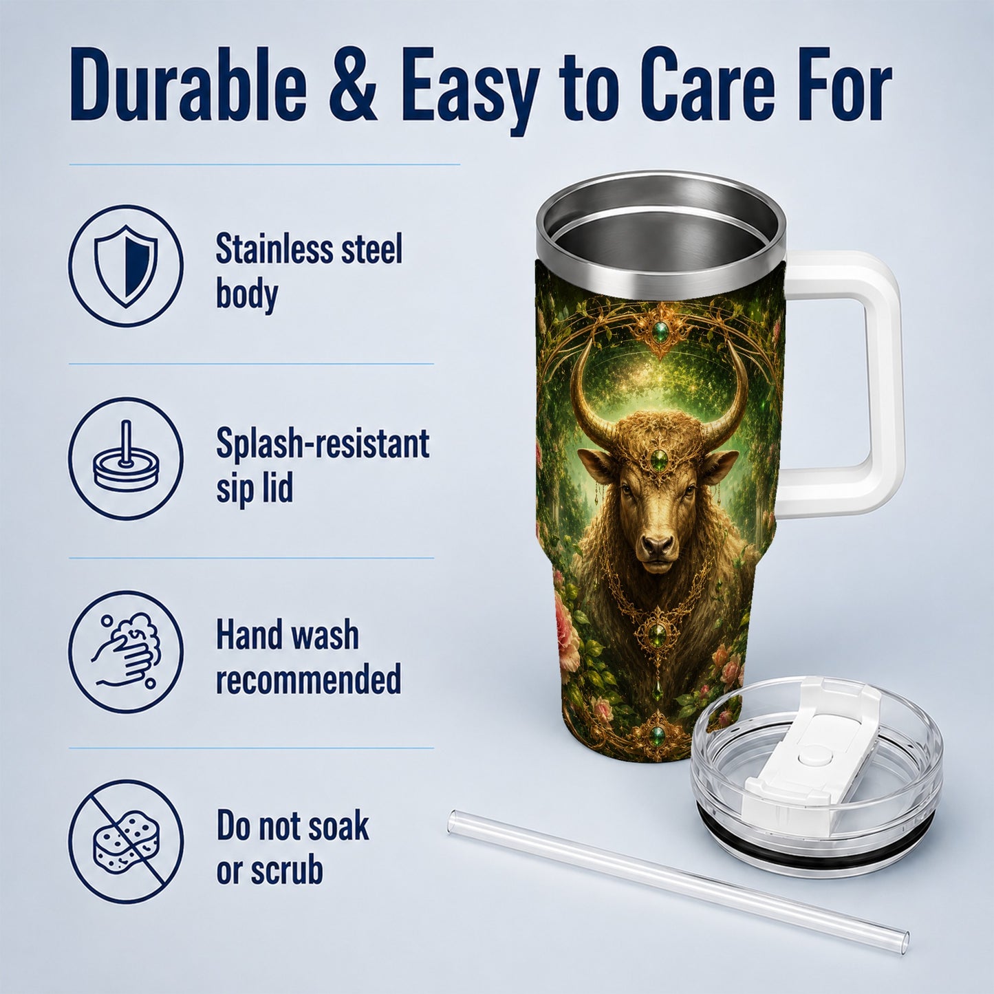 #pl[40oz|White] Taurus Bull 40oz Tumbler with Handle, Earth Zodiac Celestial Art