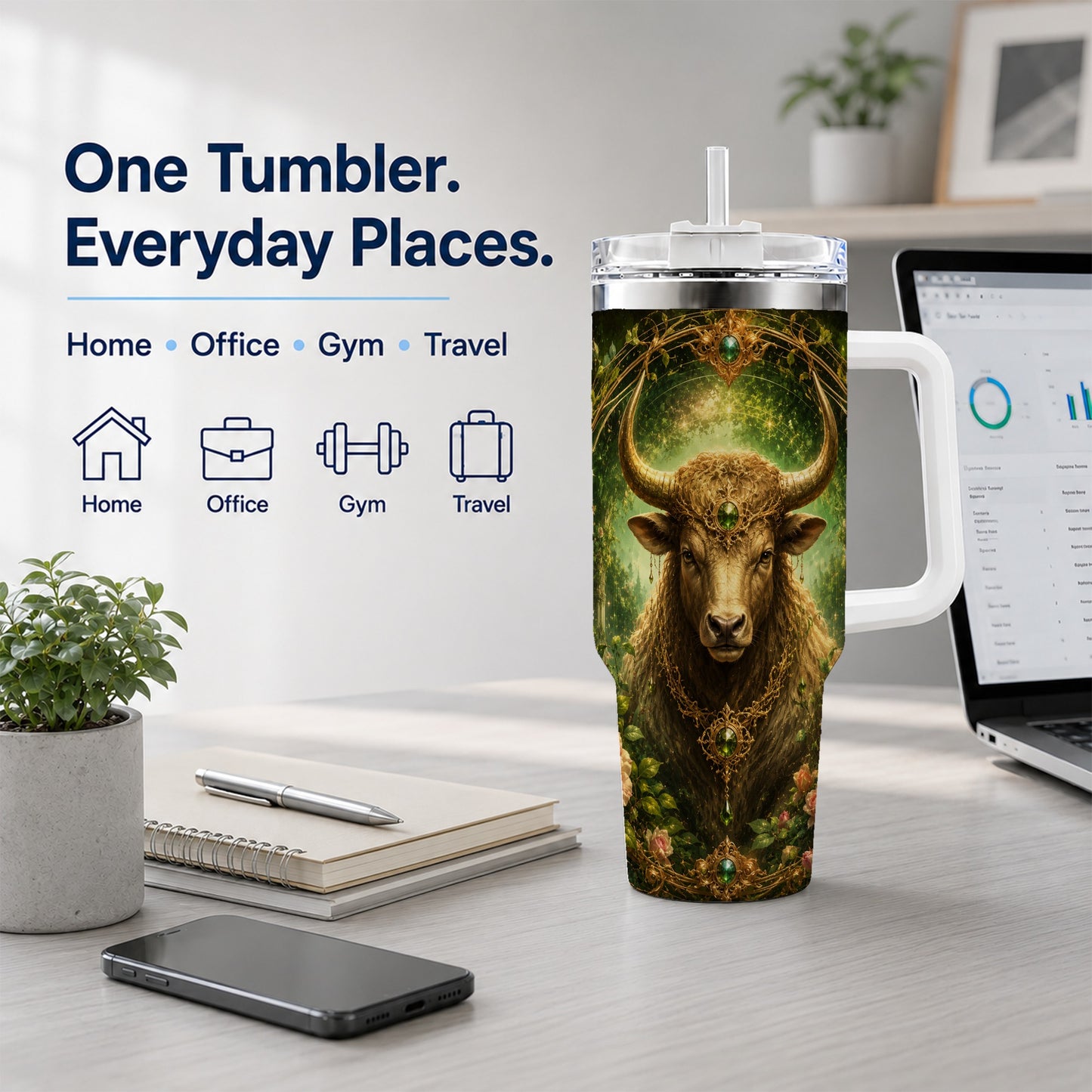 #pl[40oz|White] Taurus Bull 40oz Tumbler with Handle, Earth Zodiac Celestial Art