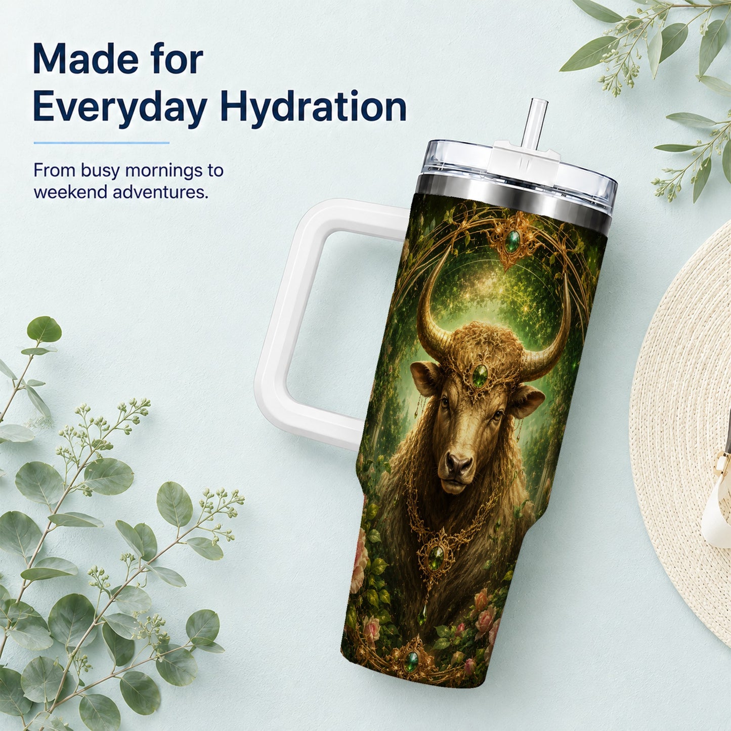 #pl[40oz|White] Taurus Bull 40oz Tumbler with Handle, Earth Zodiac Celestial Art