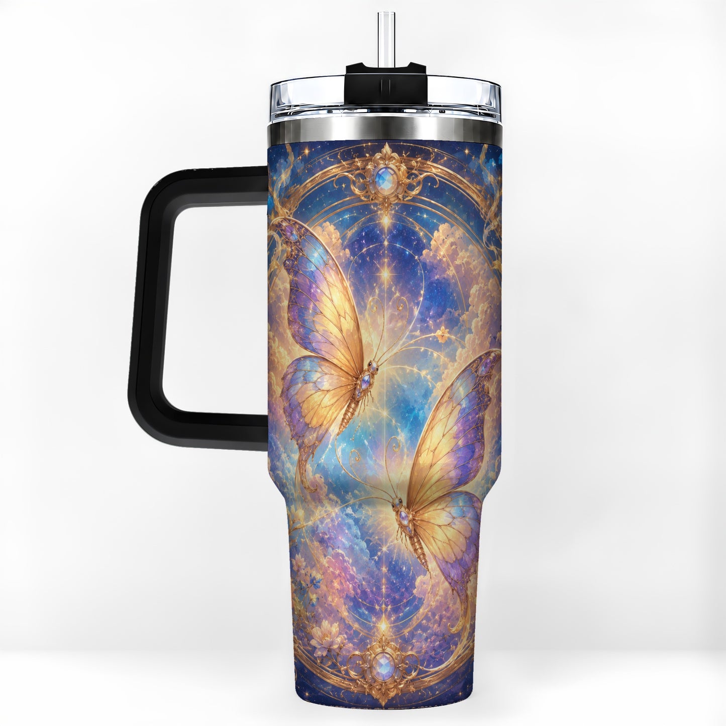 #pl[40oz|Black] Celestial Butterflies 40oz Tumbler with Handle, Dreamy Butterfly Art