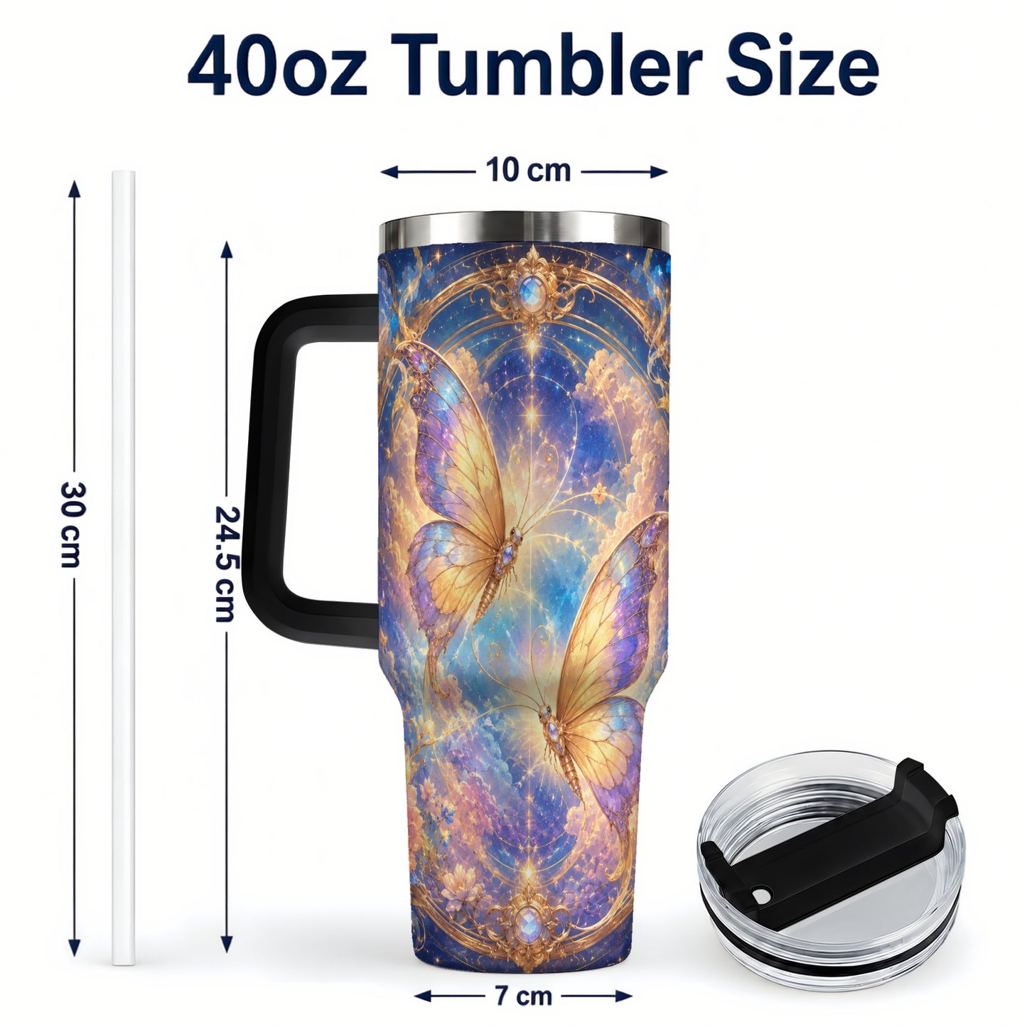 #pl[40oz|Black] Celestial Butterflies 40oz Tumbler with Handle, Dreamy Butterfly Art