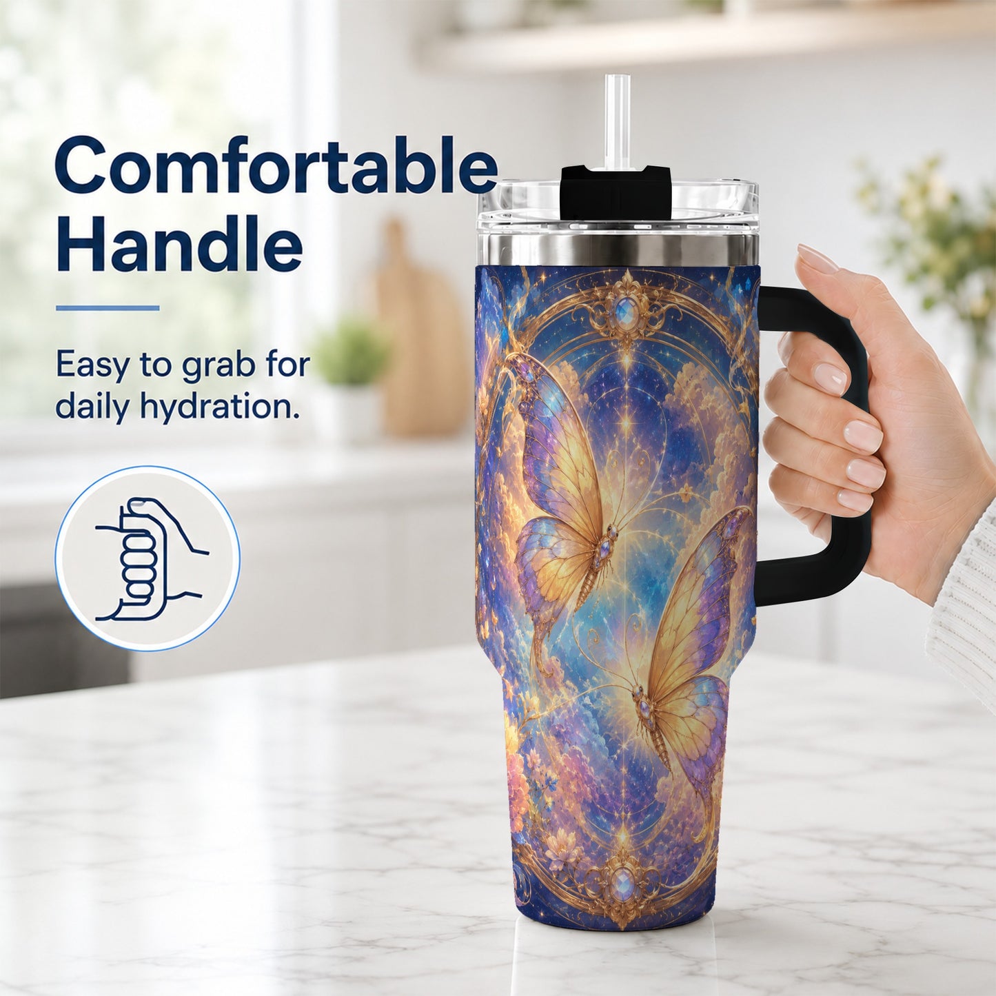 #pl[40oz|Black] Celestial Butterflies 40oz Tumbler with Handle, Dreamy Butterfly Art