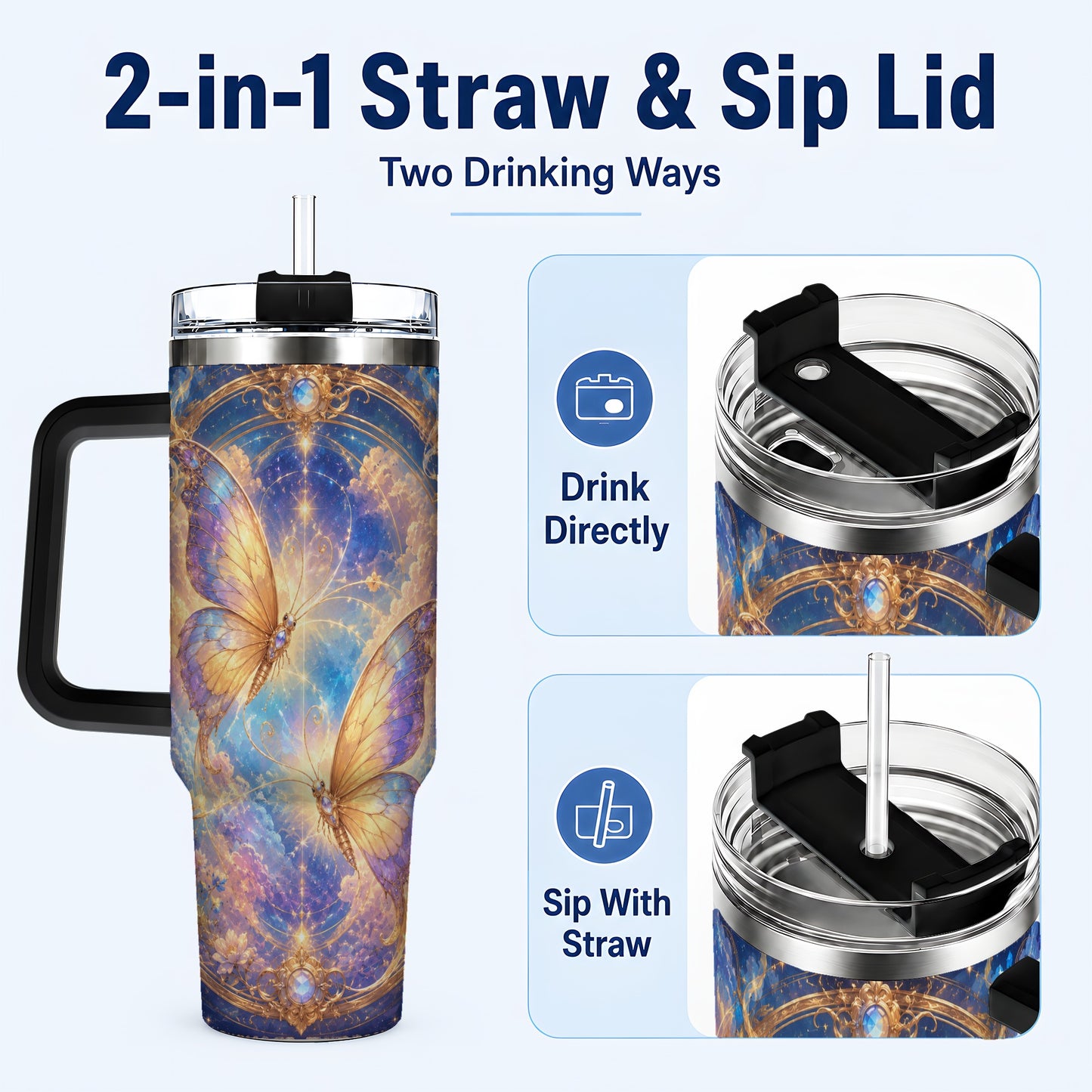 #pl[40oz|Black] Celestial Butterflies 40oz Tumbler with Handle, Dreamy Butterfly Art