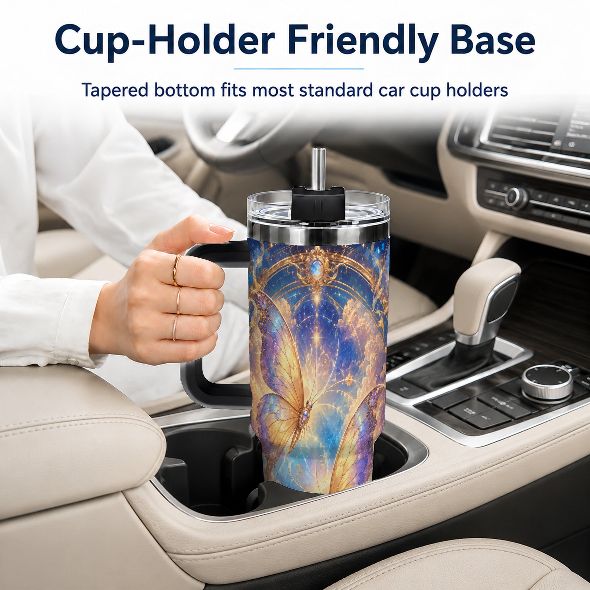 #pl[40oz|Black] Celestial Butterflies 40oz Tumbler with Handle, Dreamy Butterfly Art