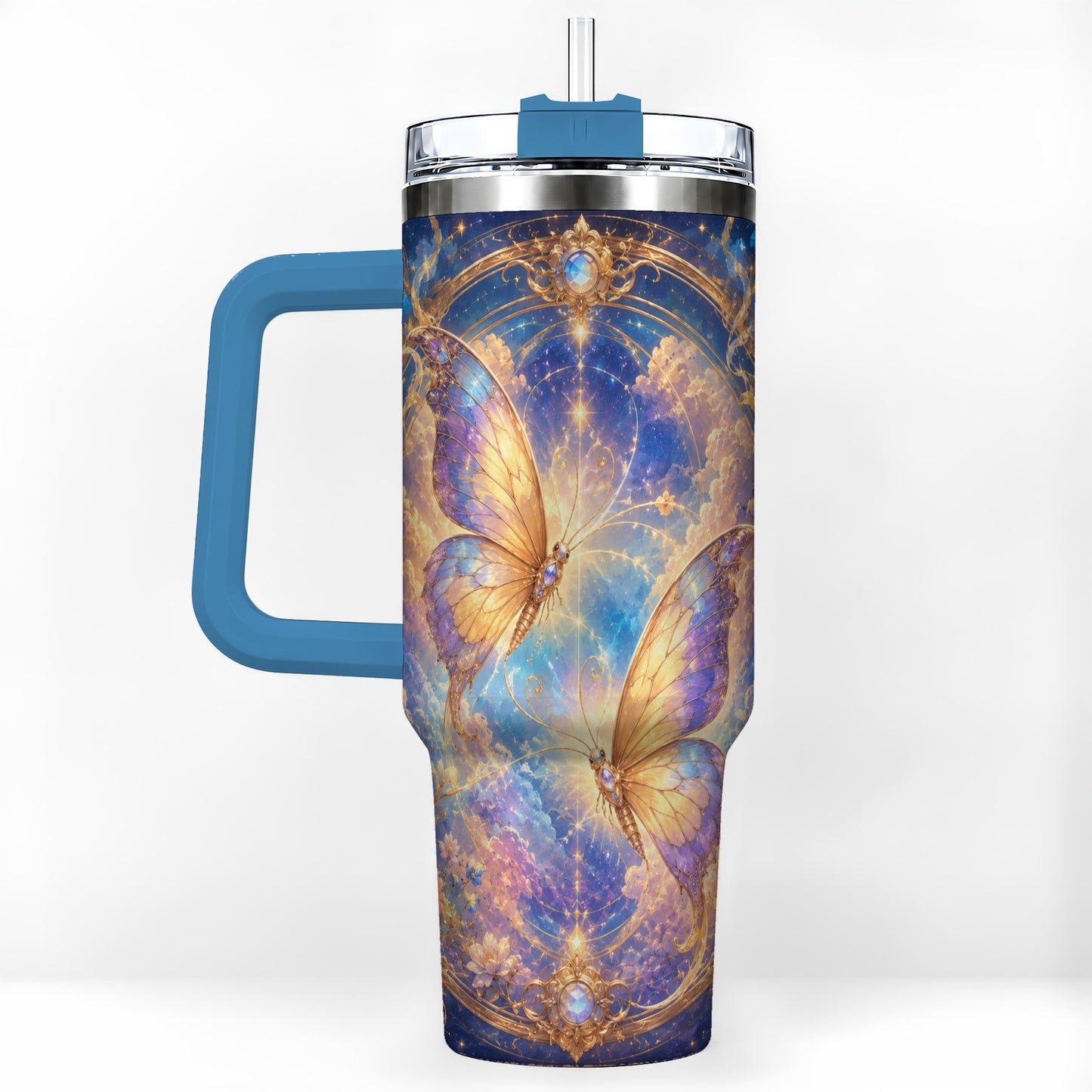 #pl[40oz|Blue] Celestial Butterflies 40oz Tumbler with Handle, Dreamy Butterfly Art