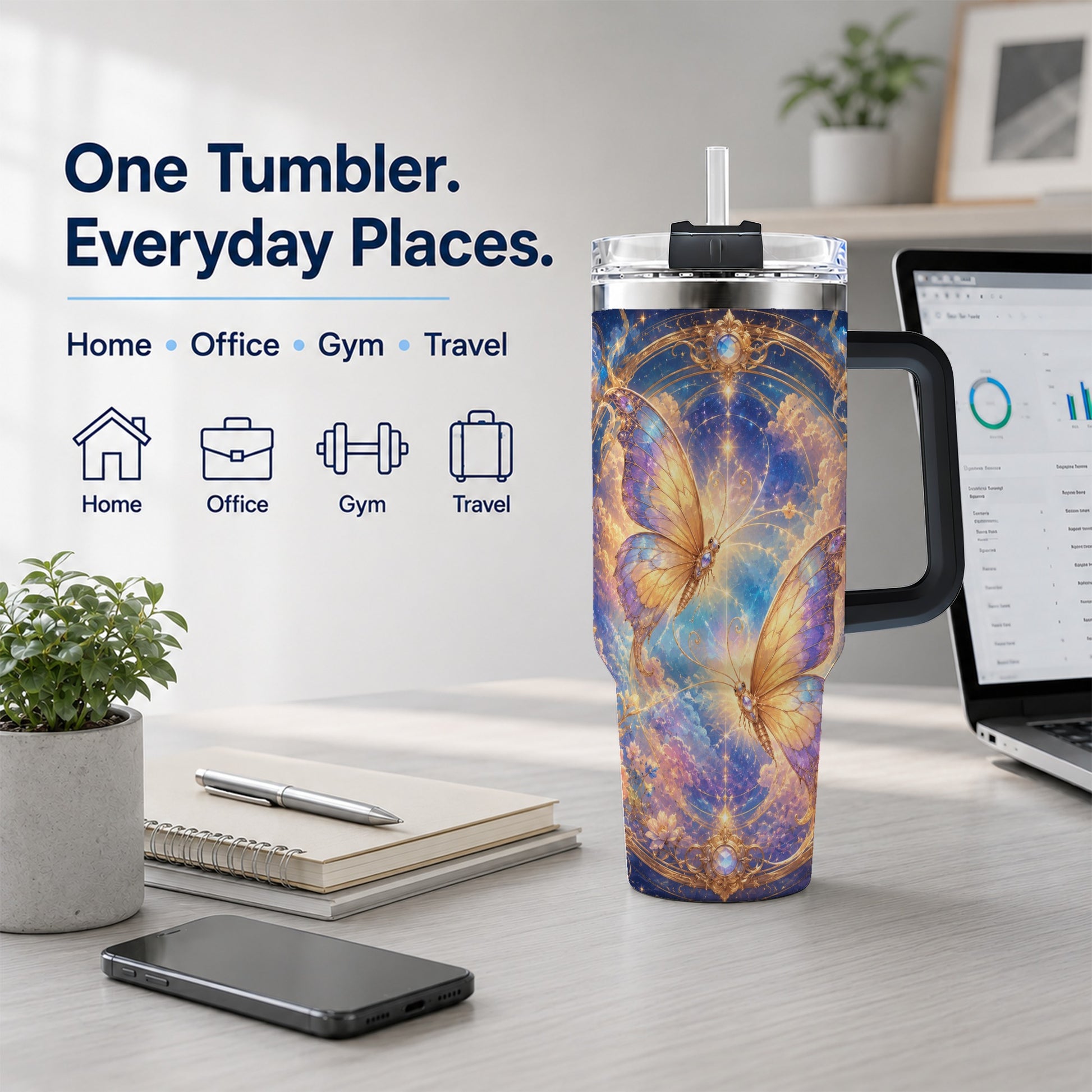 #pl[40oz|Black] Celestial Butterflies 40oz Tumbler with Handle, Dreamy Butterfly Art
