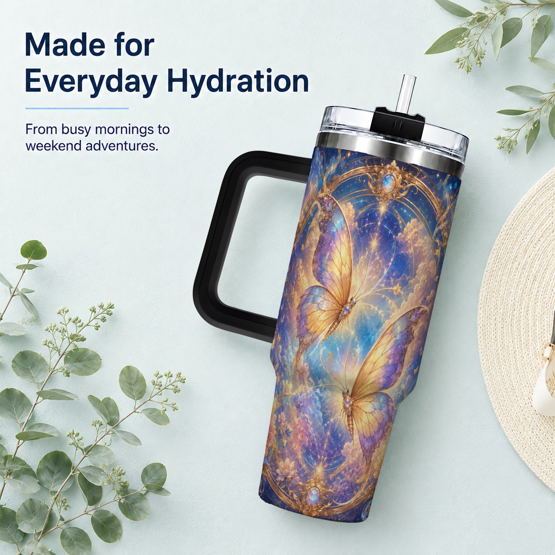 #pl[40oz|Black] Celestial Butterflies 40oz Tumbler with Handle, Dreamy Butterfly Art