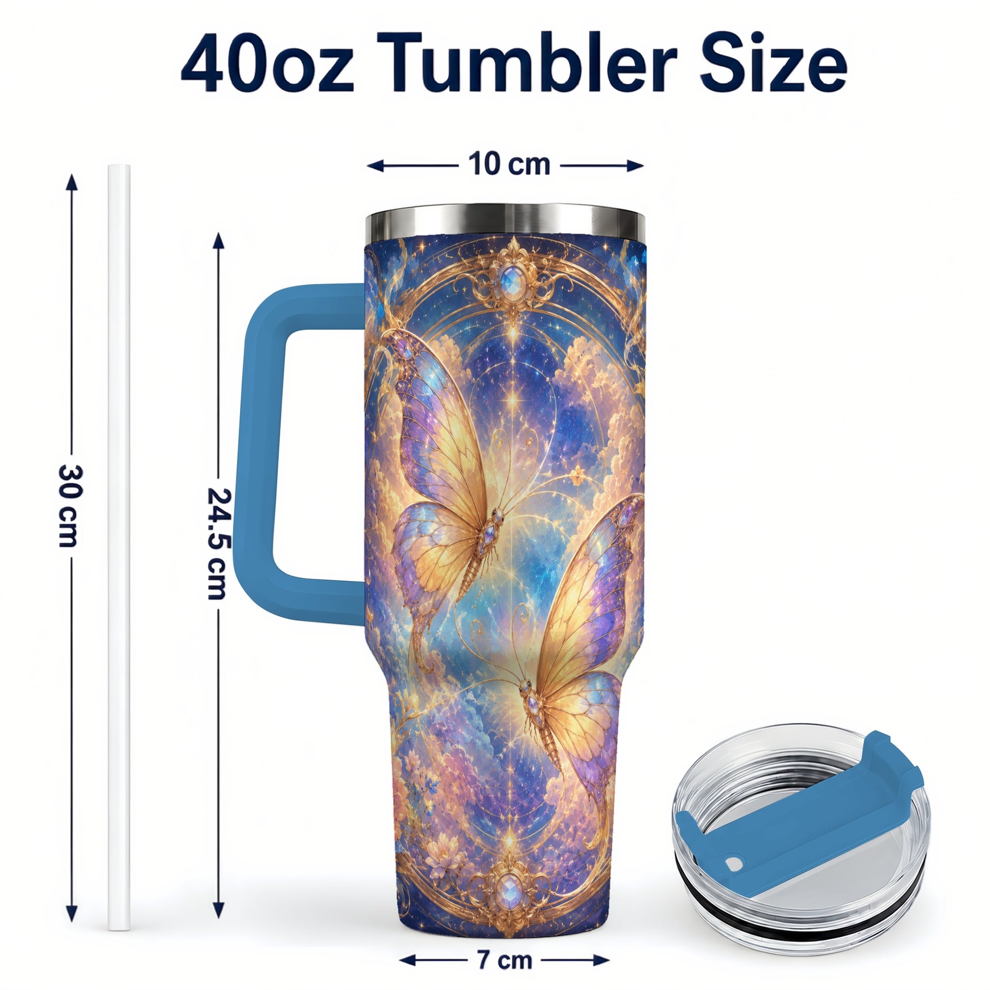 #pl[40oz|Blue] Celestial Butterflies 40oz Tumbler with Handle, Dreamy Butterfly Art