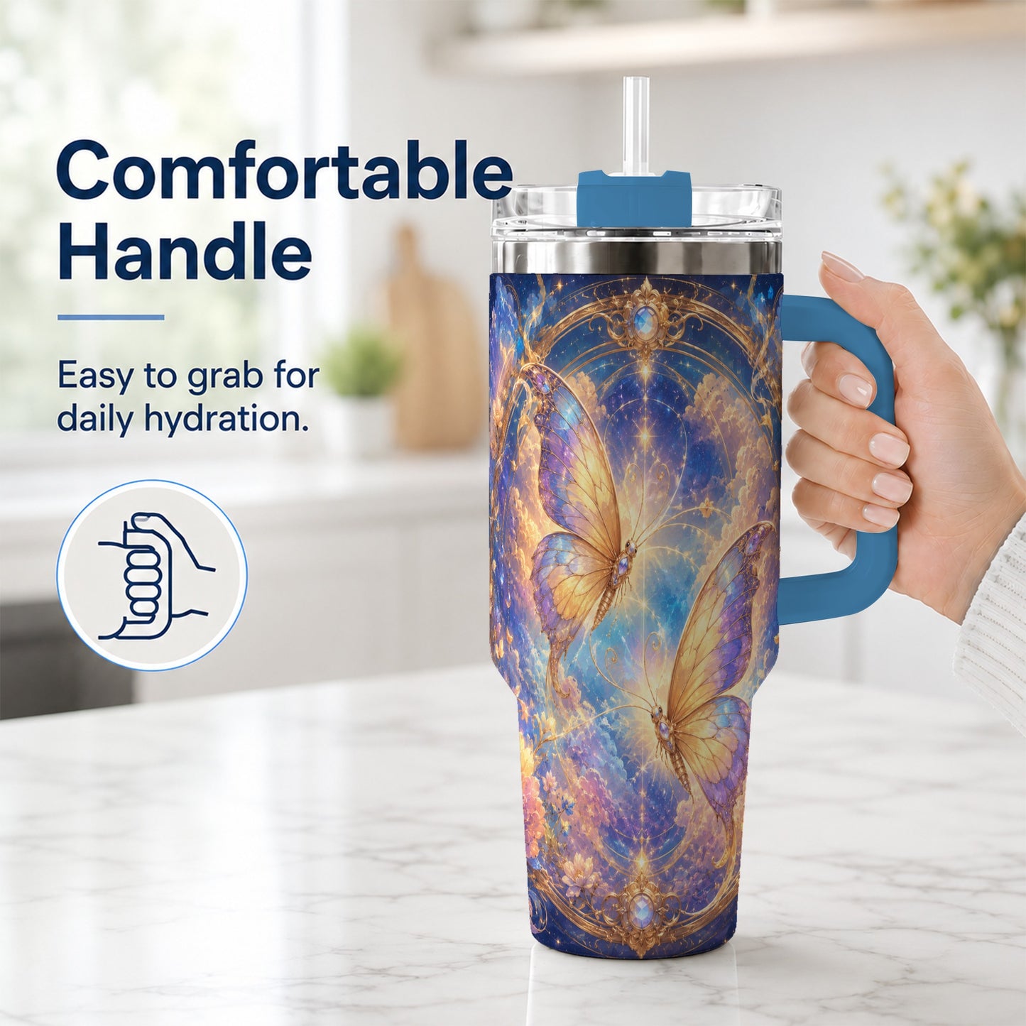 #pl[40oz|Blue] Celestial Butterflies 40oz Tumbler with Handle, Dreamy Butterfly Art