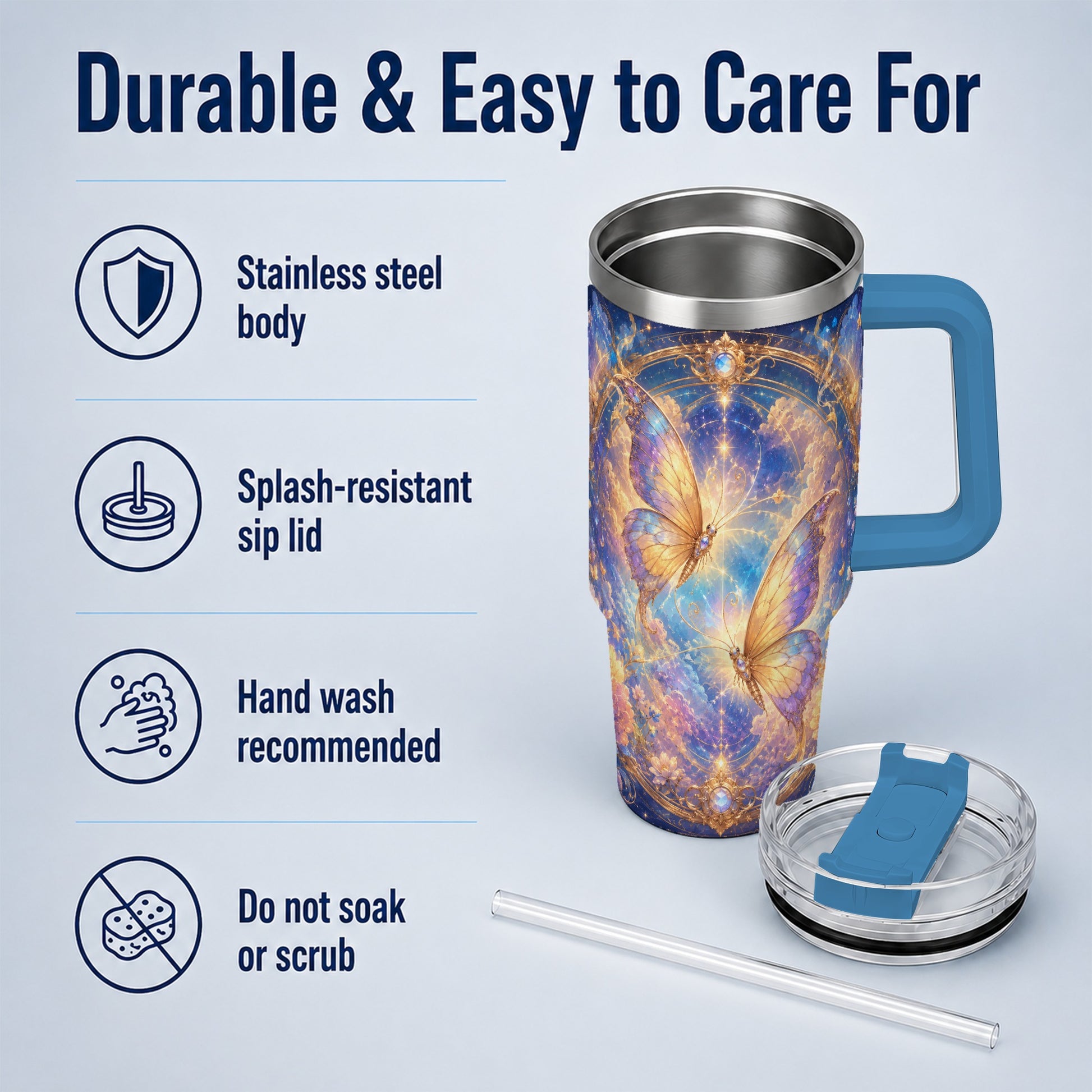#pl[40oz|Blue] Celestial Butterflies 40oz Tumbler with Handle, Dreamy Butterfly Art