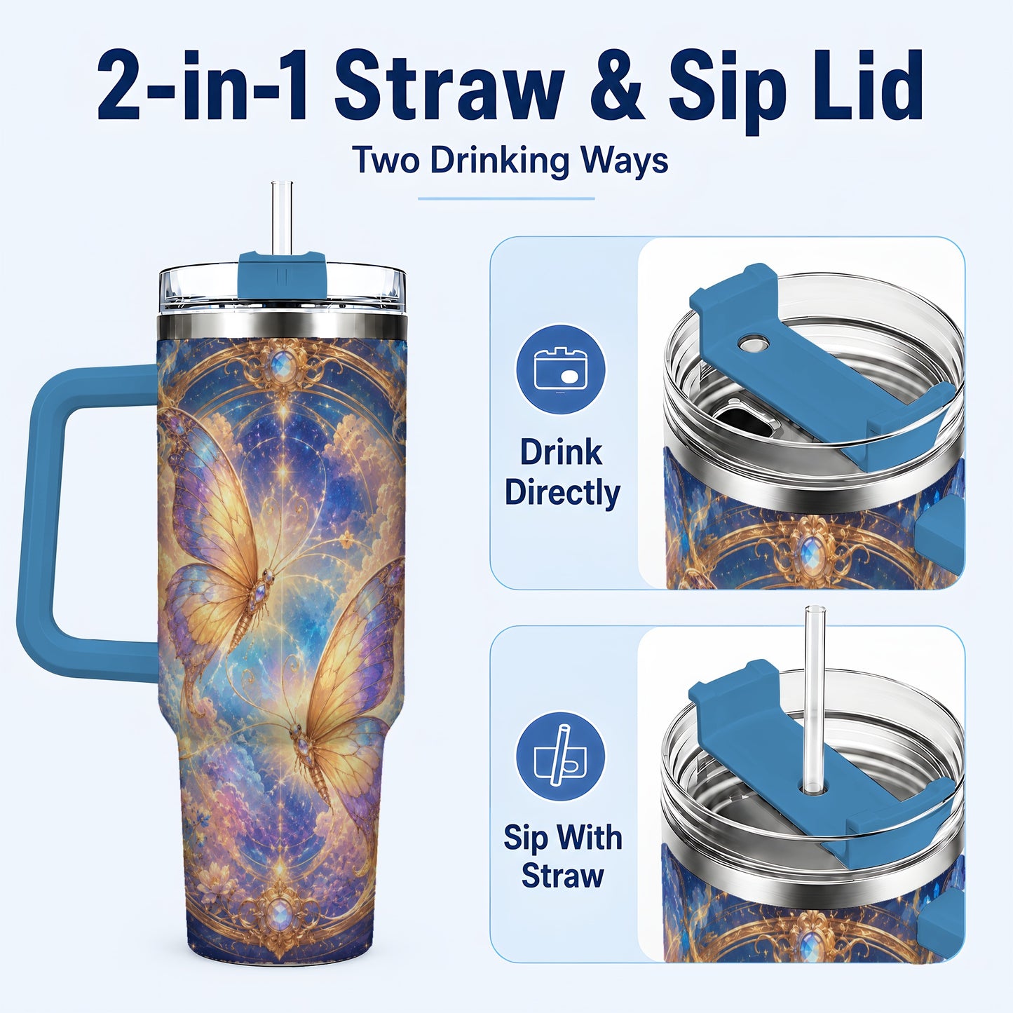 #pl[40oz|Blue] Celestial Butterflies 40oz Tumbler with Handle, Dreamy Butterfly Art