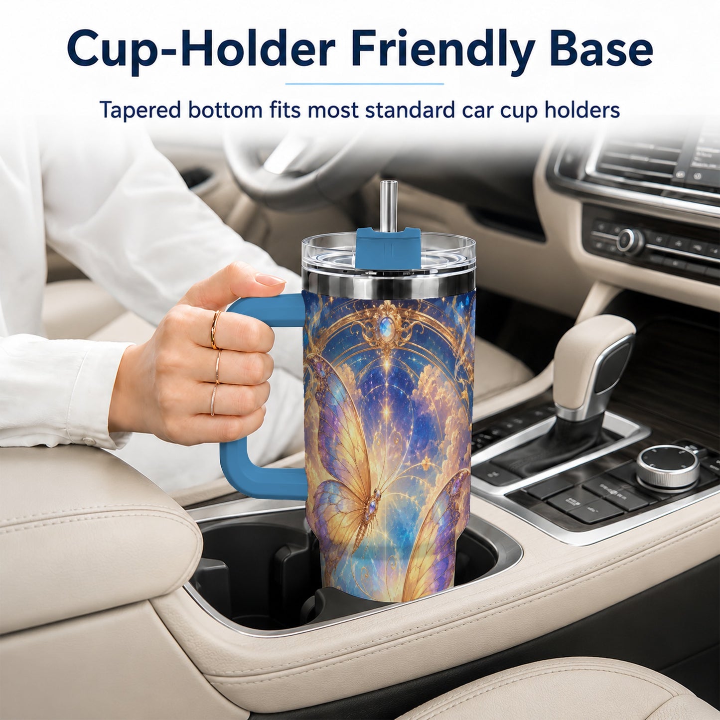 #pl[40oz|Blue] Celestial Butterflies 40oz Tumbler with Handle, Dreamy Butterfly Art