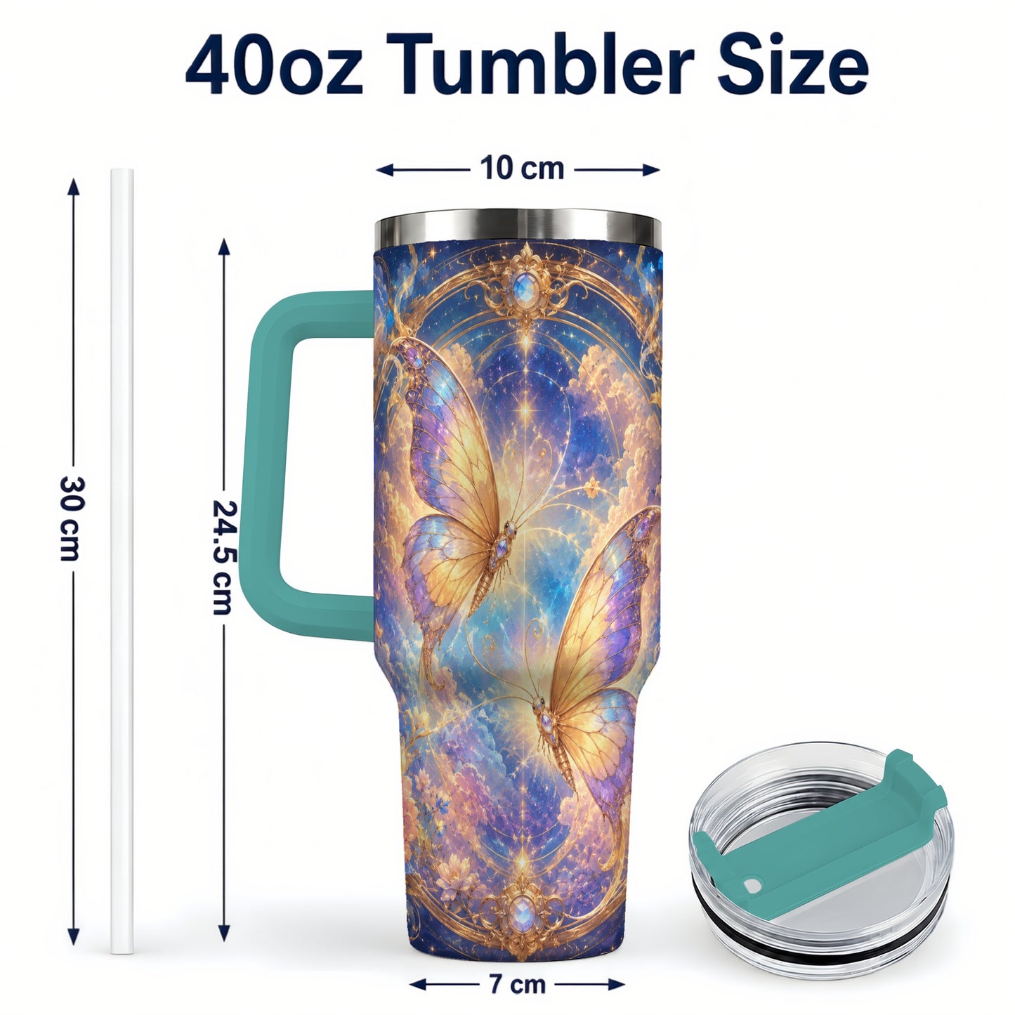 #pl[40oz|Green] Celestial Butterflies 40oz Tumbler with Handle, Dreamy Butterfly Art