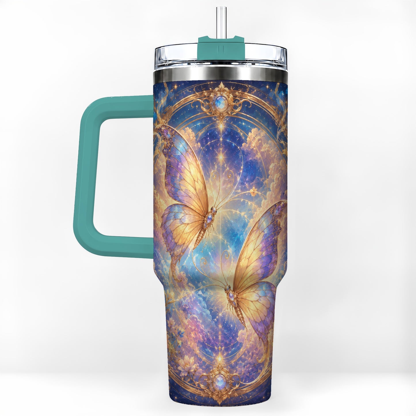 #pl[40oz|Green] Celestial Butterflies 40oz Tumbler with Handle, Dreamy Butterfly Art