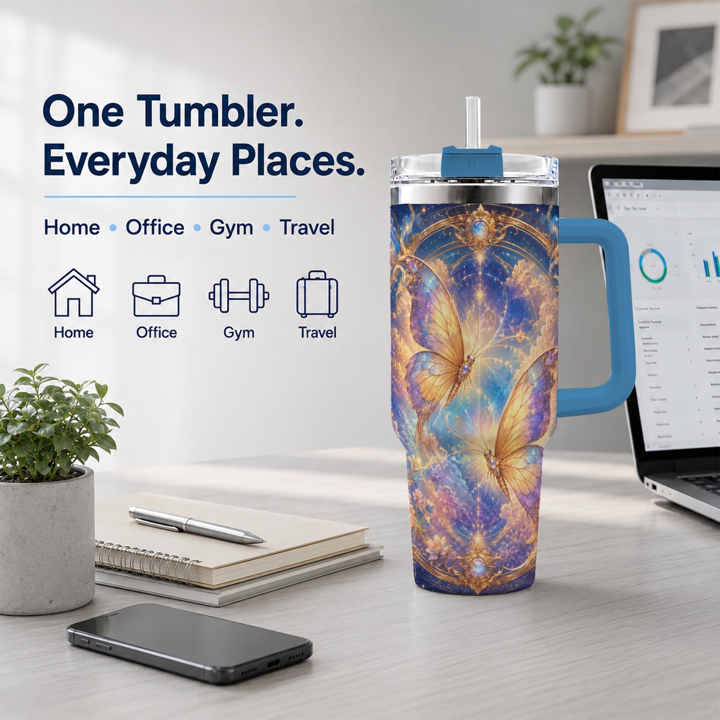 #pl[40oz|Blue] Celestial Butterflies 40oz Tumbler with Handle, Dreamy Butterfly Art