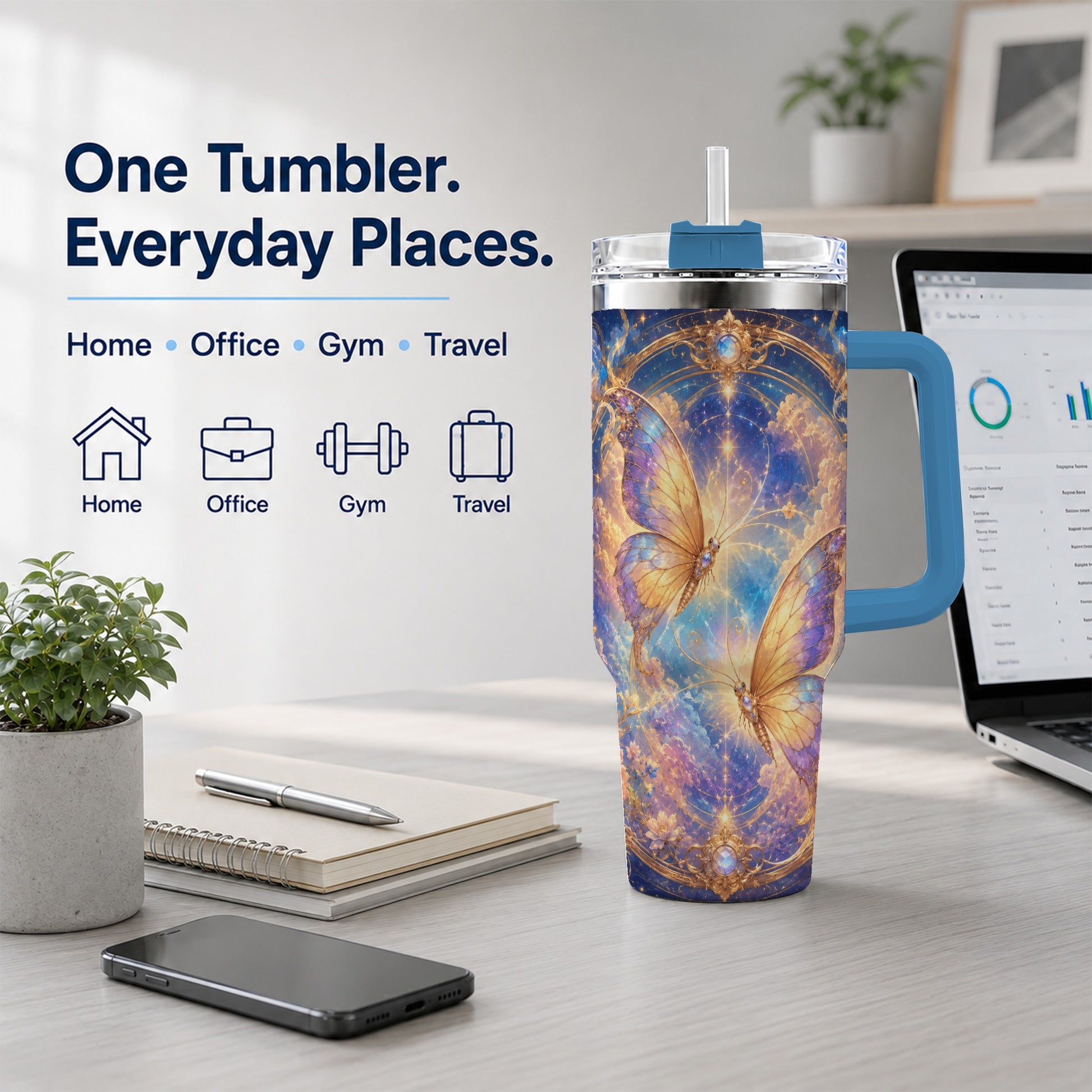 #pl[40oz|Blue] Celestial Butterflies 40oz Tumbler with Handle, Dreamy Butterfly Art