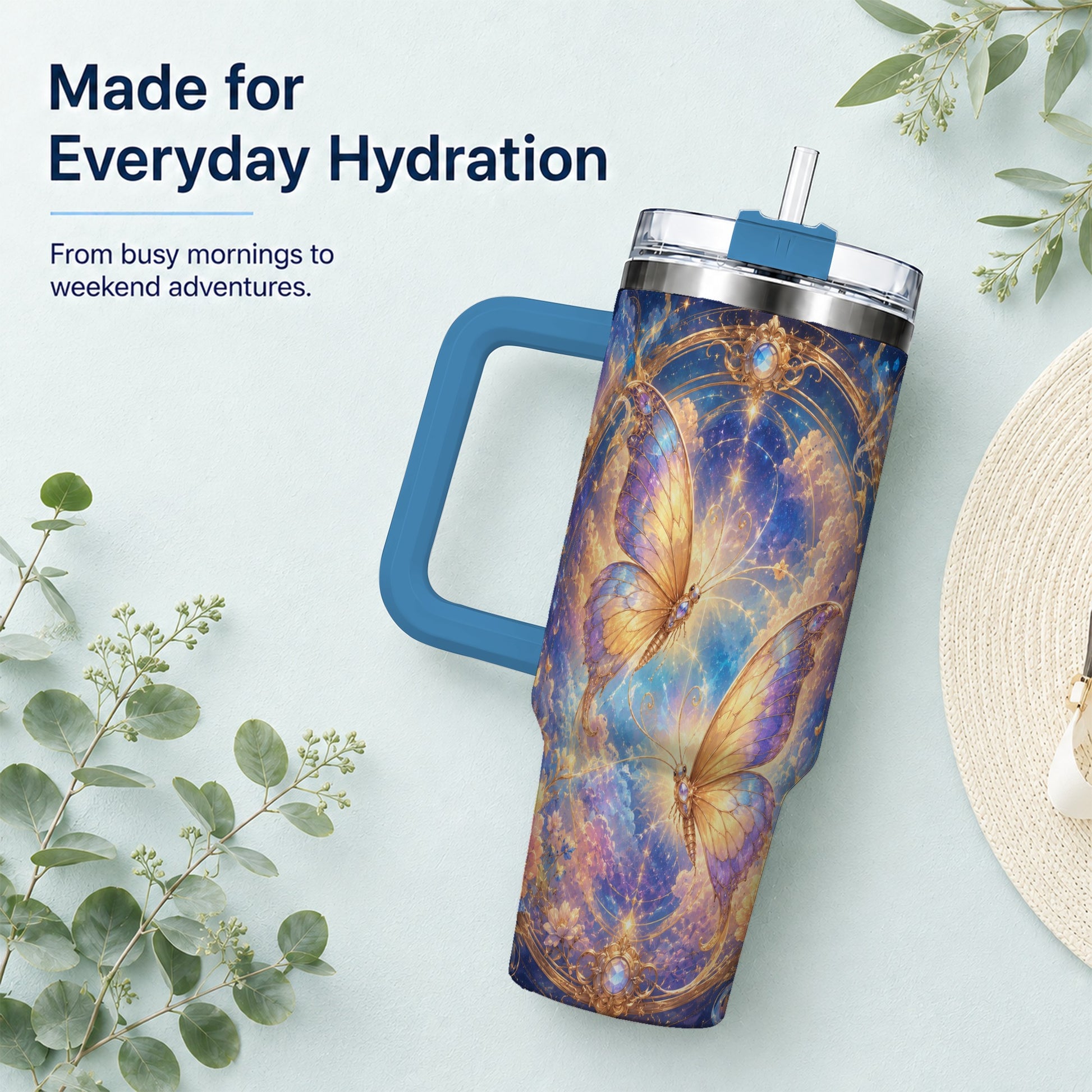 #pl[40oz|Blue] Celestial Butterflies 40oz Tumbler with Handle, Dreamy Butterfly Art