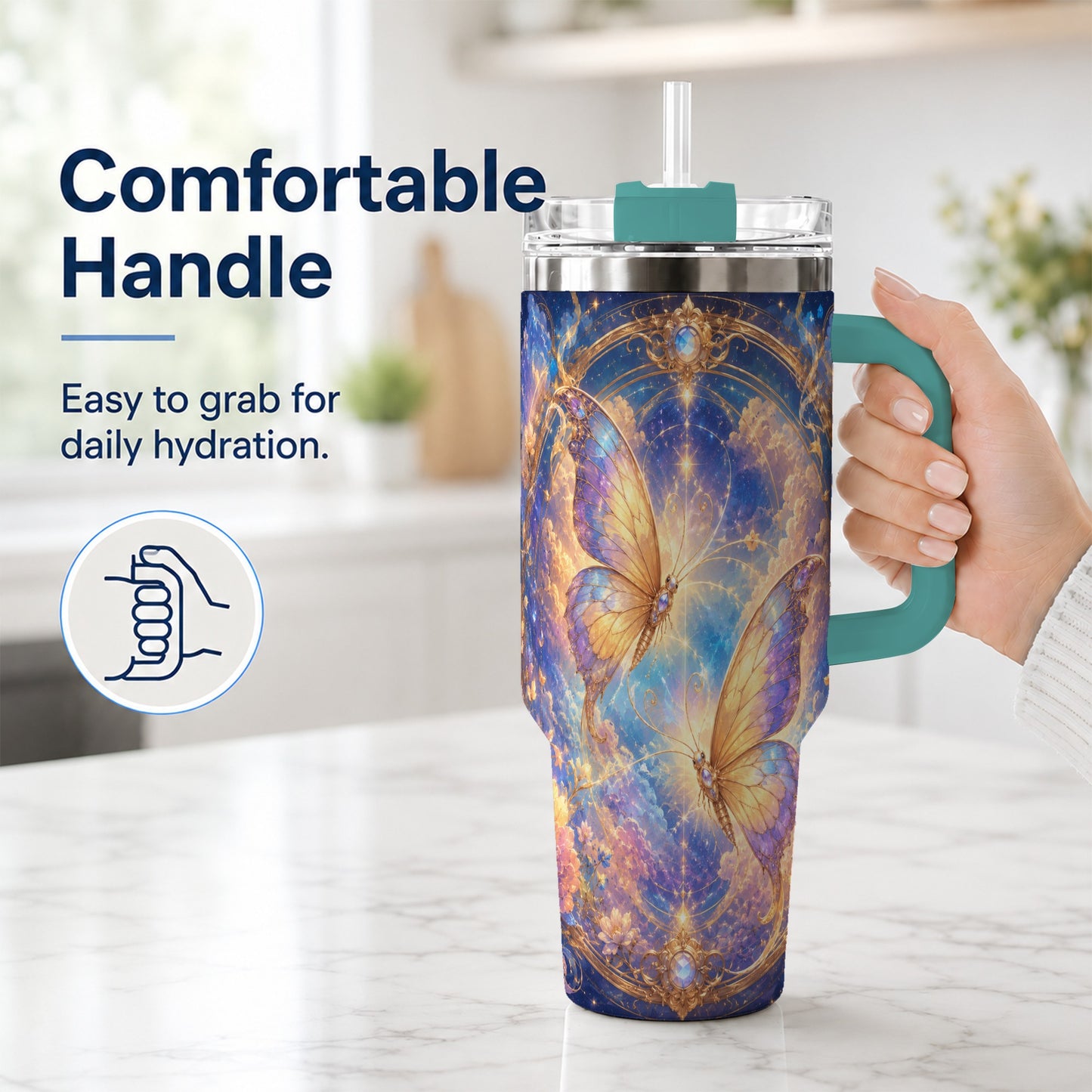 #pl[40oz|Green] Celestial Butterflies 40oz Tumbler with Handle, Dreamy Butterfly Art