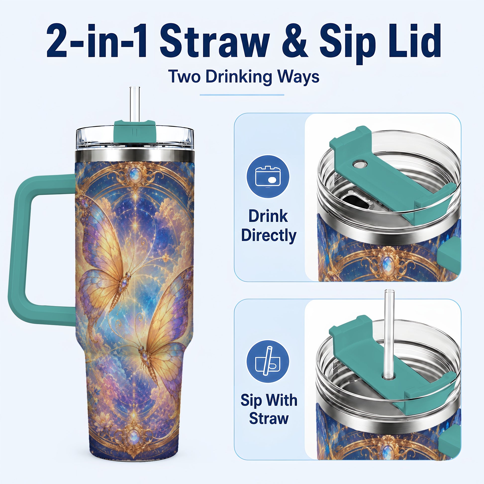 #pl[40oz|Green] Celestial Butterflies 40oz Tumbler with Handle, Dreamy Butterfly Art