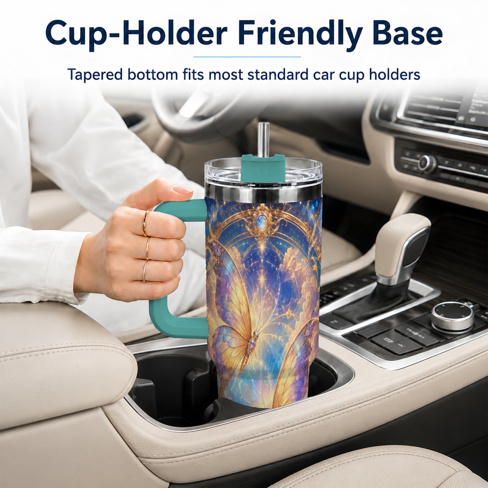 #pl[40oz|Green] Celestial Butterflies 40oz Tumbler with Handle, Dreamy Butterfly Art