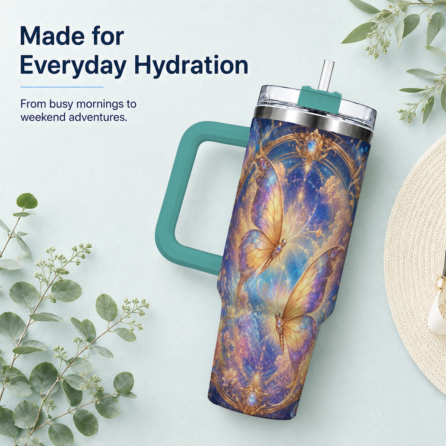 #pl[40oz|Green] Celestial Butterflies 40oz Tumbler with Handle, Dreamy Butterfly Art