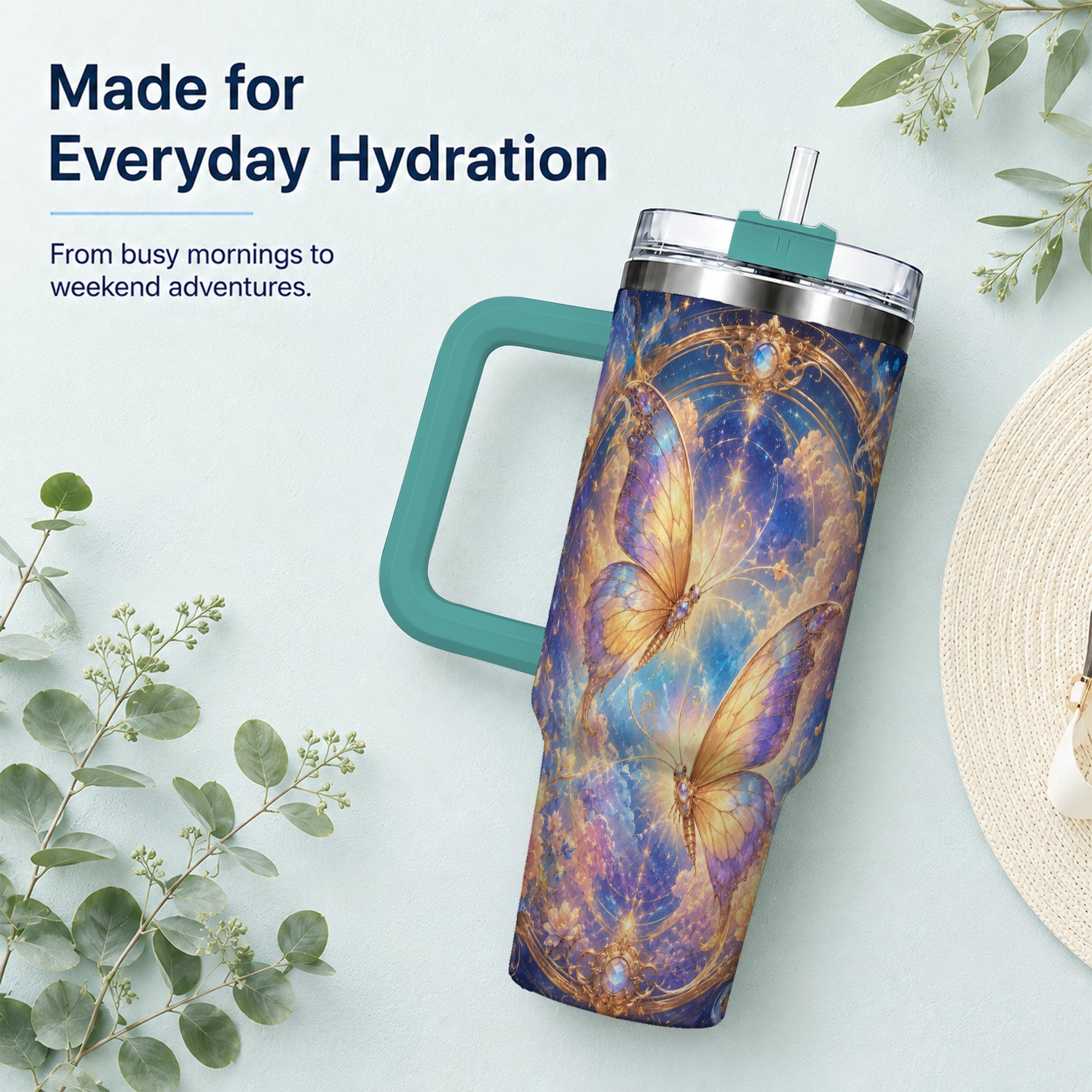 #pl[40oz|Green] Celestial Butterflies 40oz Tumbler with Handle, Dreamy Butterfly Art