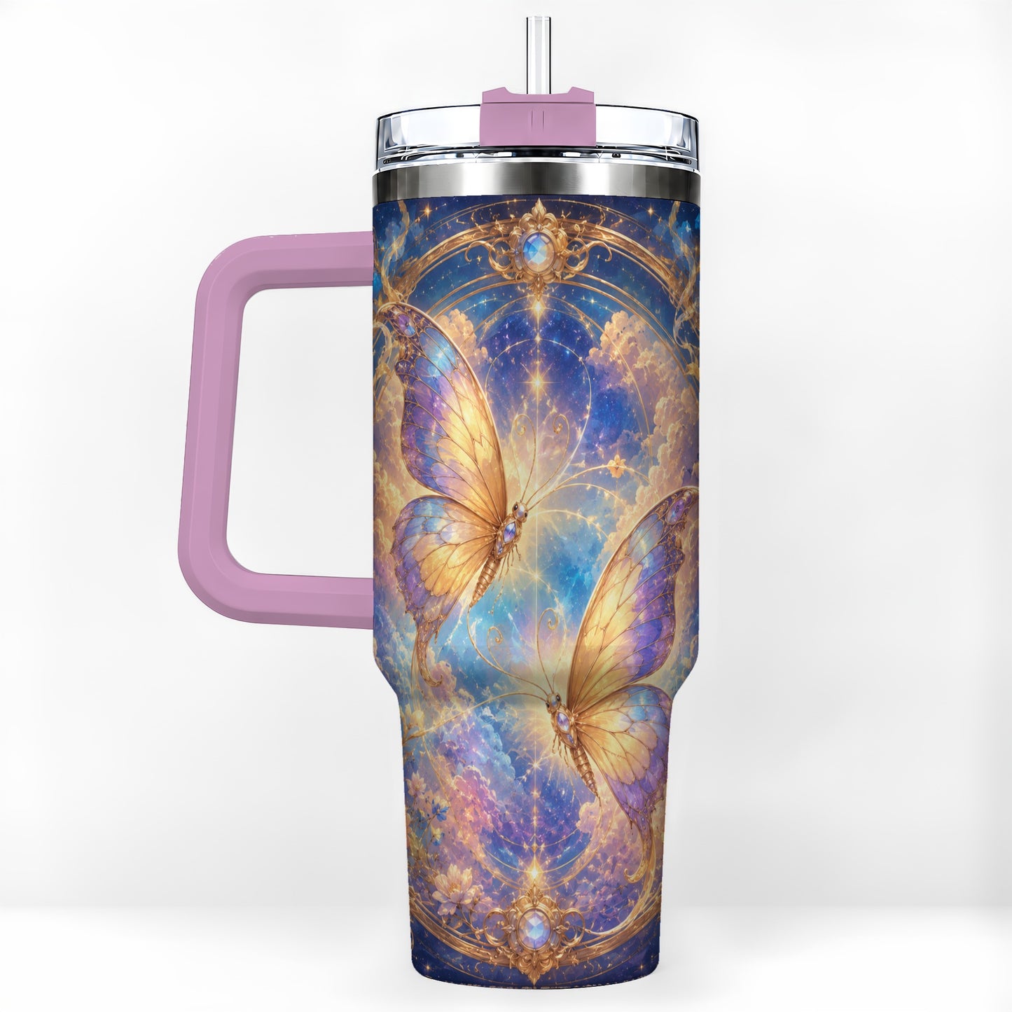 #pl[40oz|Pink] Celestial Butterflies 40oz Tumbler with Handle, Dreamy Butterfly Art