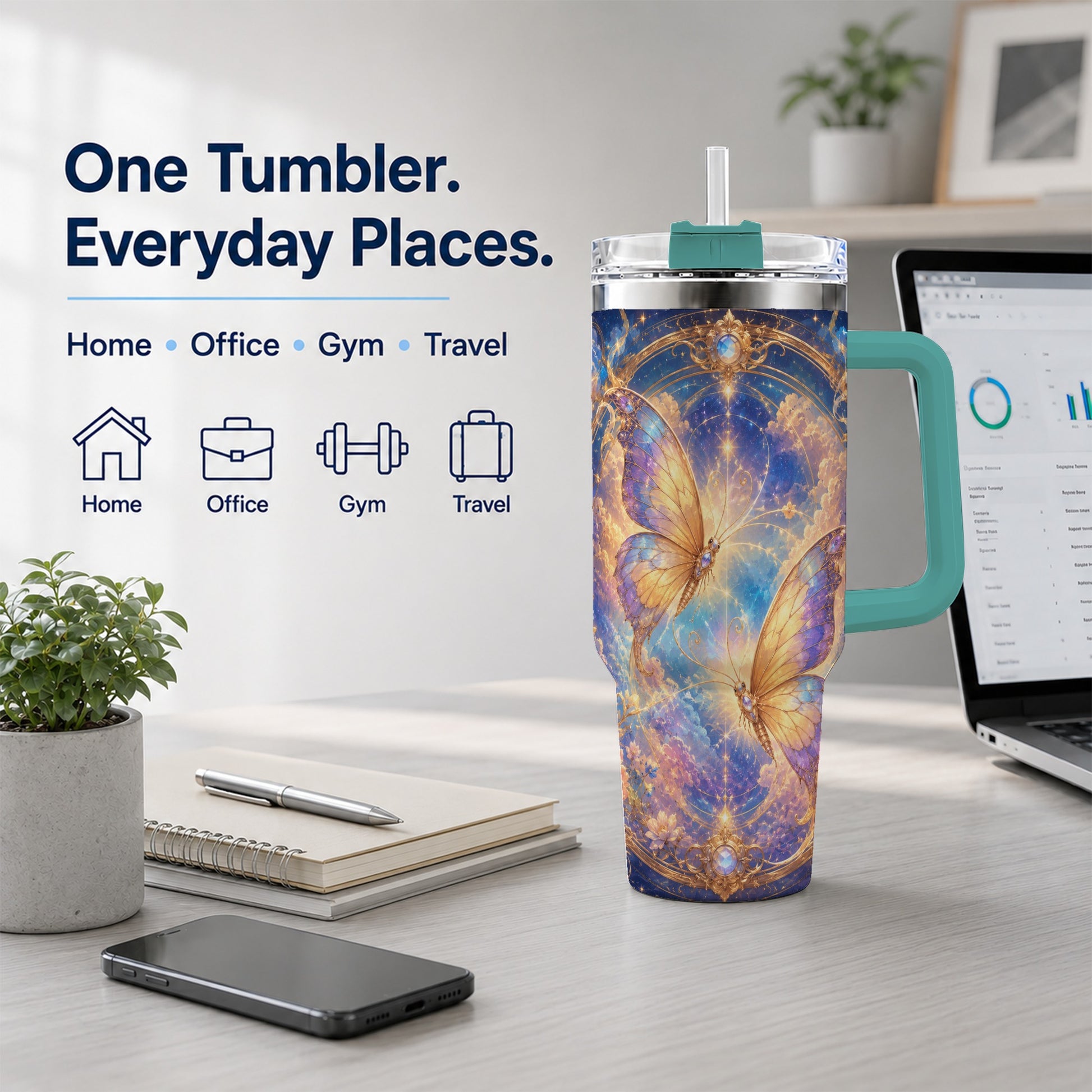 #pl[40oz|Green] Celestial Butterflies 40oz Tumbler with Handle, Dreamy Butterfly Art