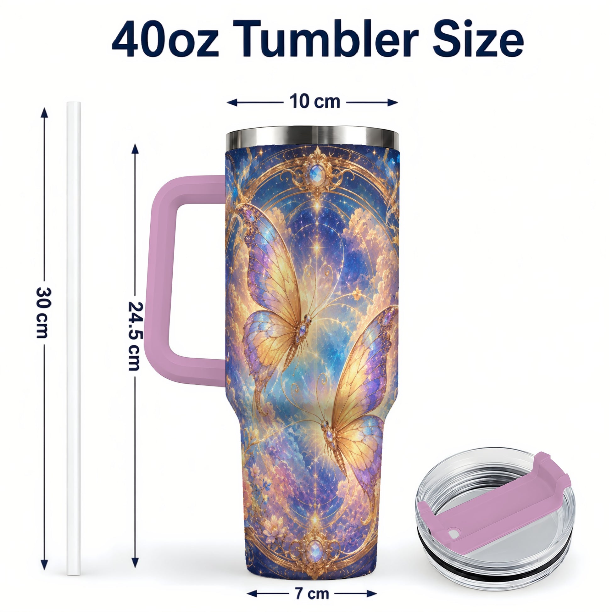 #pl[40oz|Pink] Celestial Butterflies 40oz Tumbler with Handle, Dreamy Butterfly Art