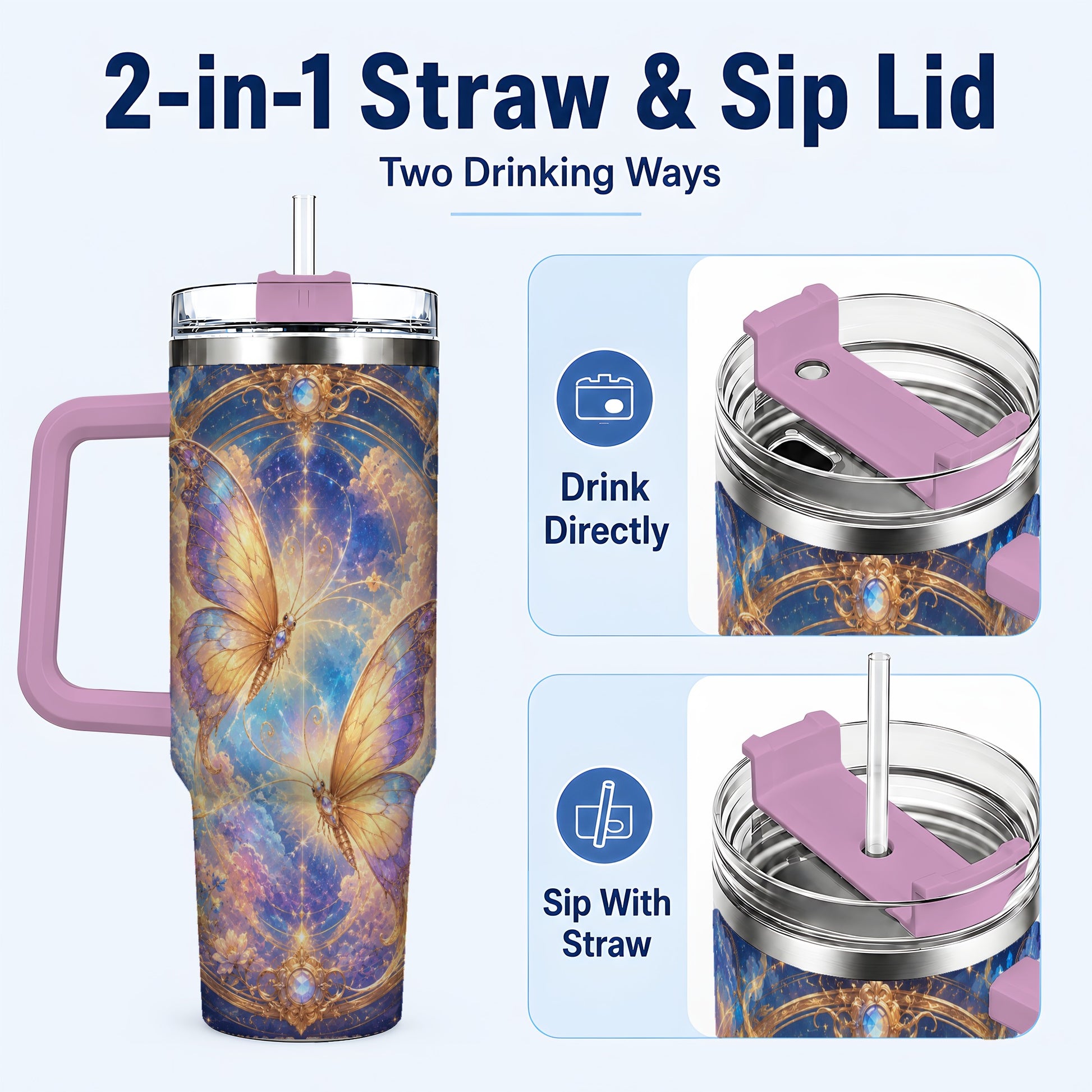 #pl[40oz|Pink] Celestial Butterflies 40oz Tumbler with Handle, Dreamy Butterfly Art