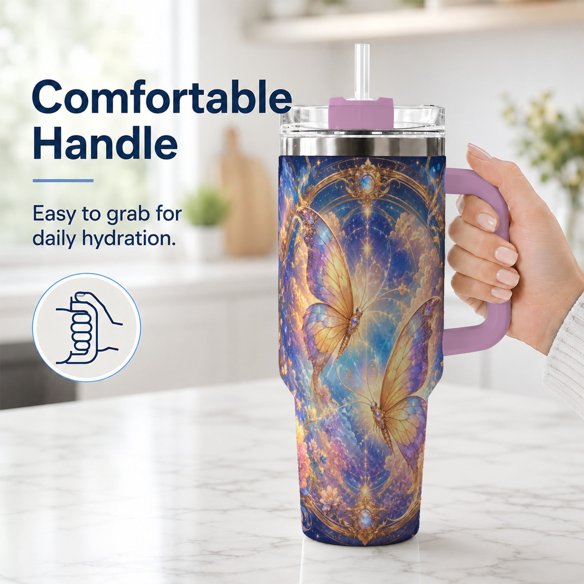 #pl[40oz|Pink] Celestial Butterflies 40oz Tumbler with Handle, Dreamy Butterfly Art