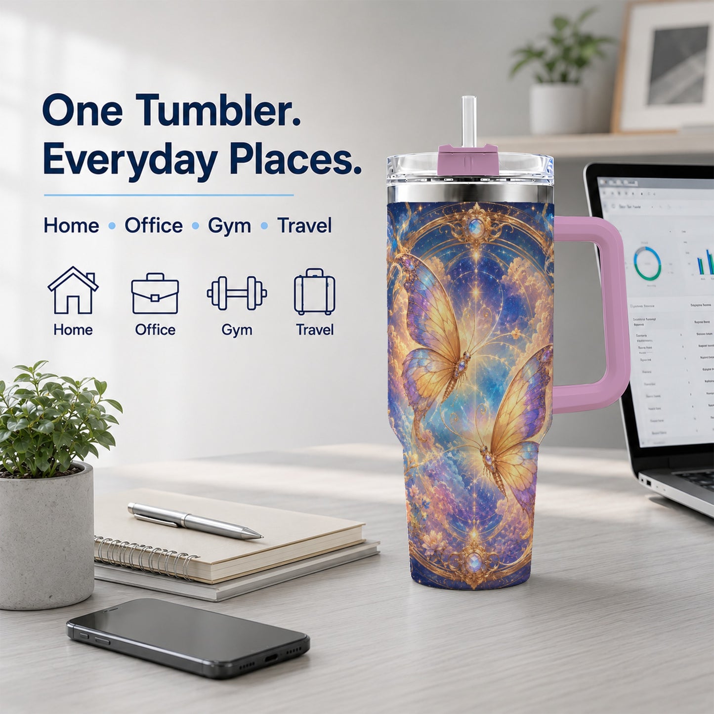 #pl[40oz|Pink] Celestial Butterflies 40oz Tumbler with Handle, Dreamy Butterfly Art