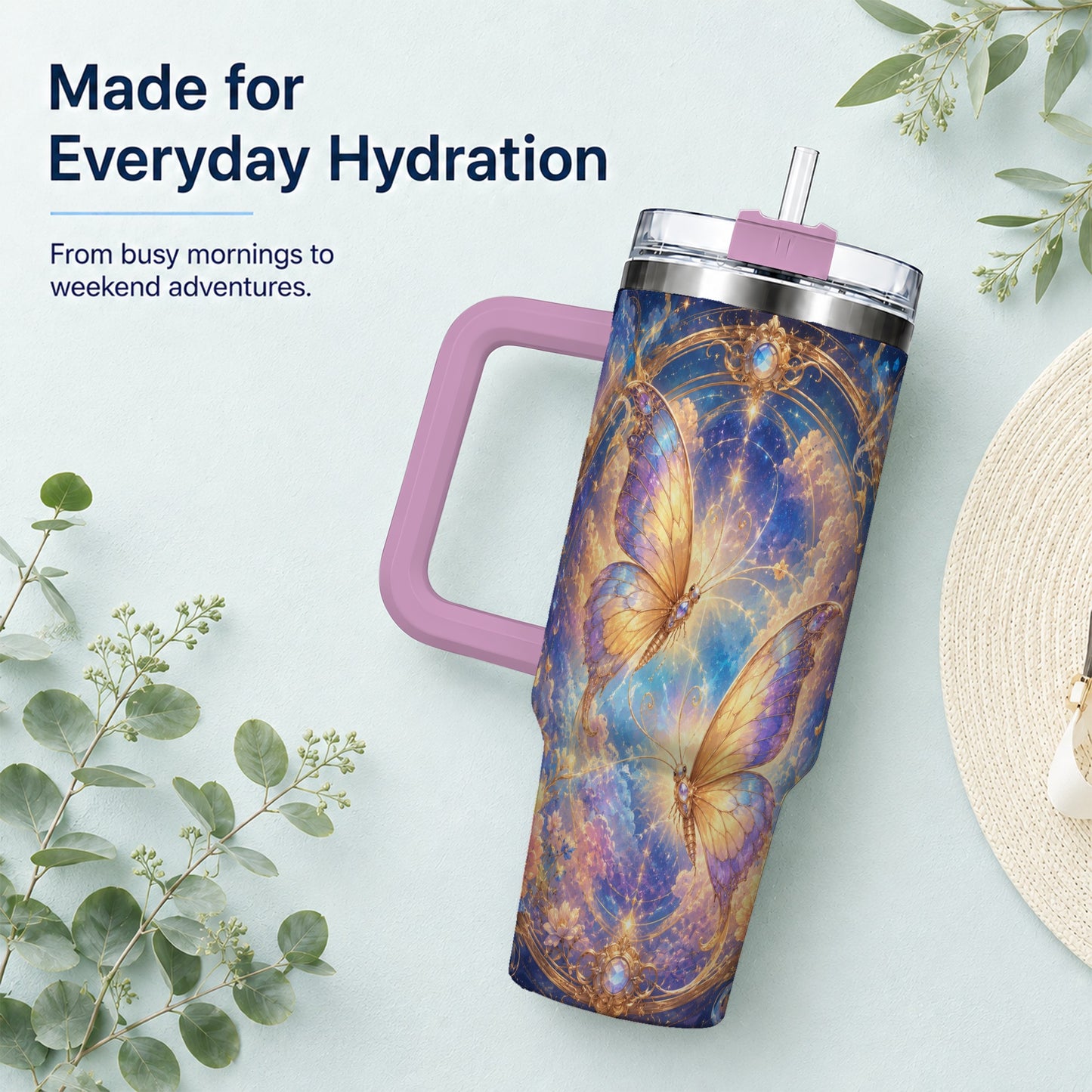 #pl[40oz|Pink] Celestial Butterflies 40oz Tumbler with Handle, Dreamy Butterfly Art