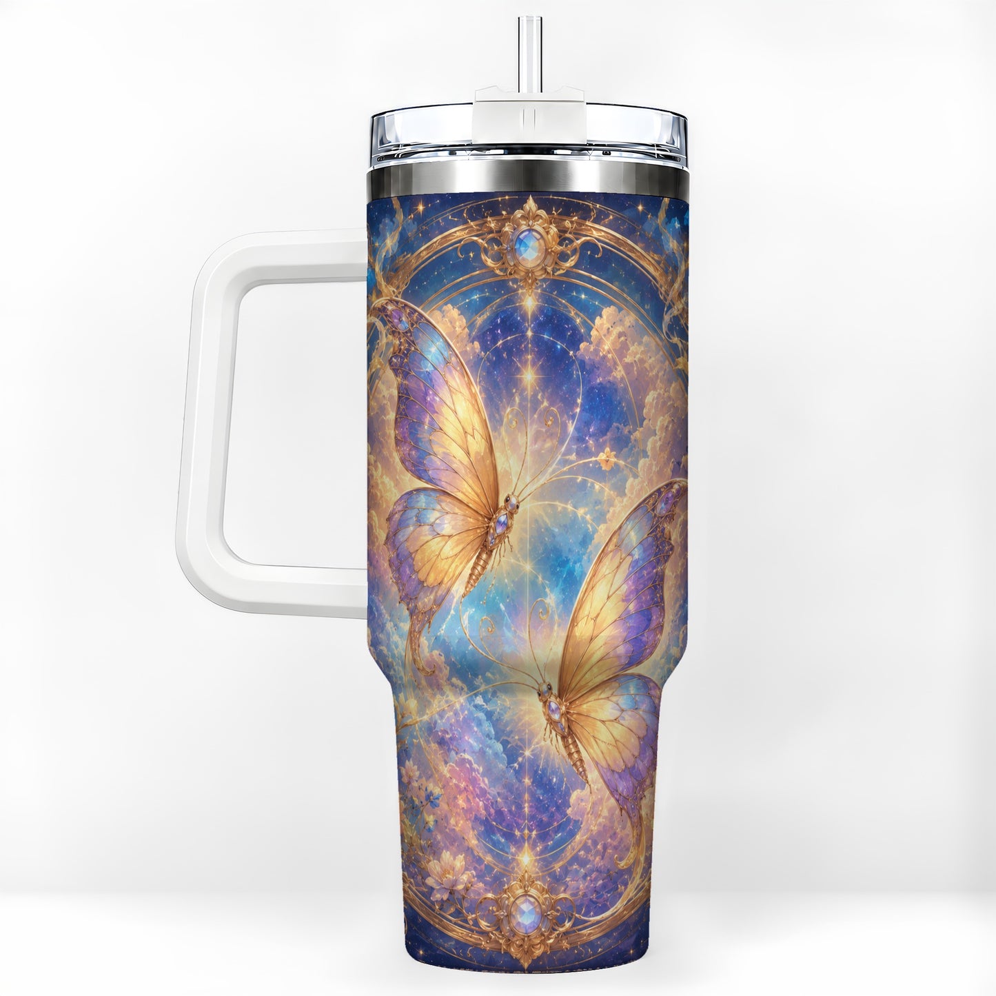 Celestial Butterflies 40oz Tumbler with Handle, Dreamy Butterfly Art