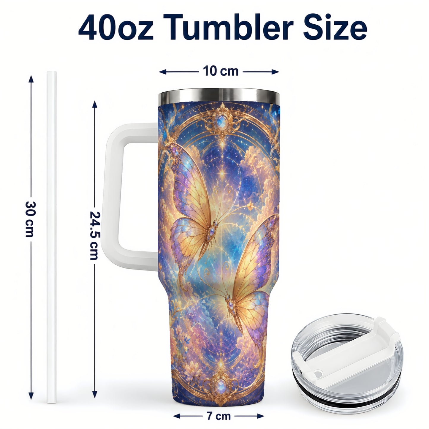 #pl[40oz|White] Celestial Butterflies 40oz Tumbler with Handle, Dreamy Butterfly Art