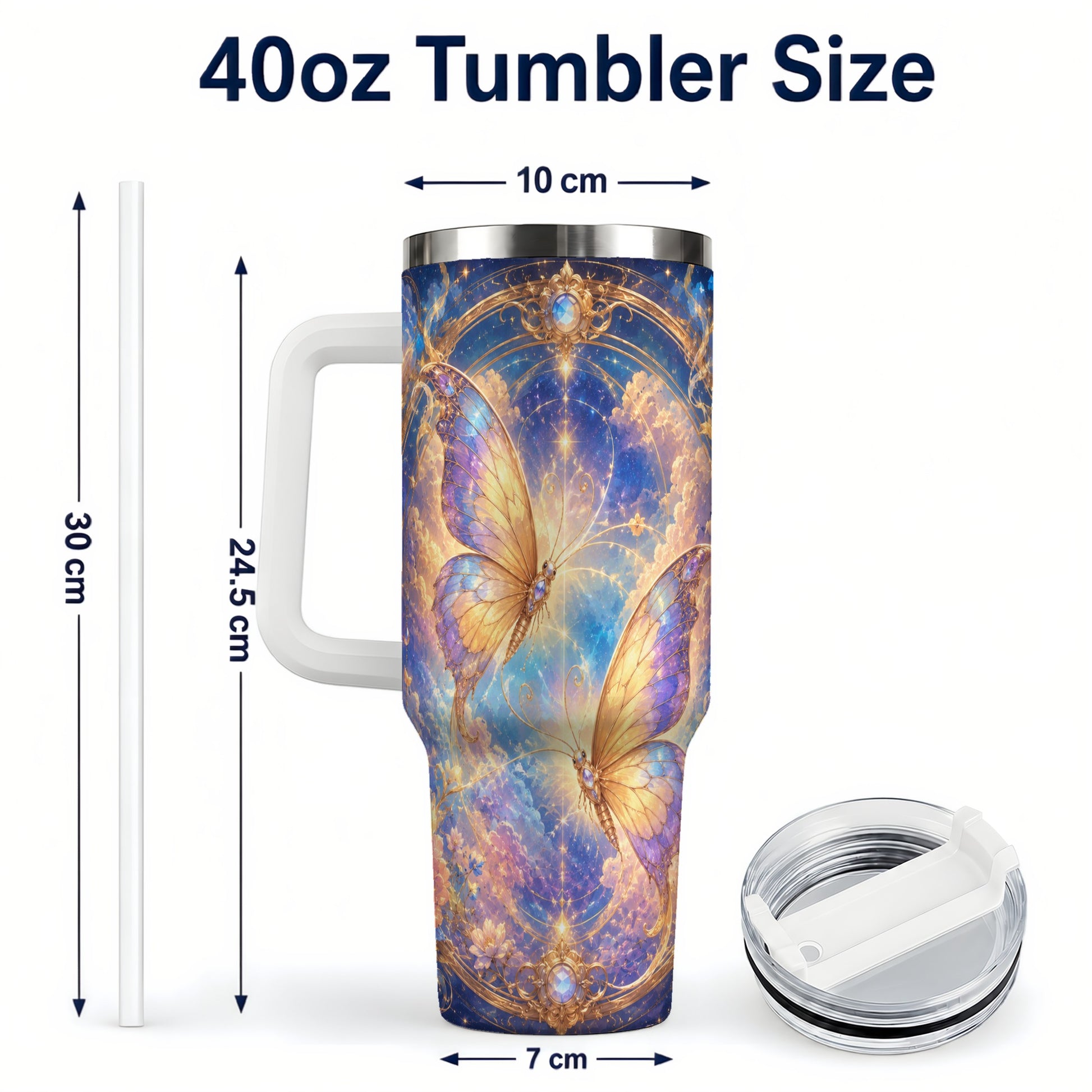 #pl[40oz|White] Celestial Butterflies 40oz Tumbler with Handle, Dreamy Butterfly Art