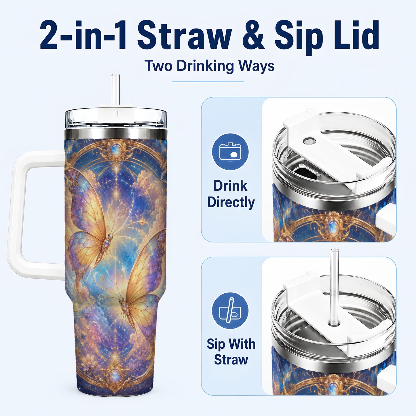 #pl[40oz|White] Celestial Butterflies 40oz Tumbler with Handle, Dreamy Butterfly Art