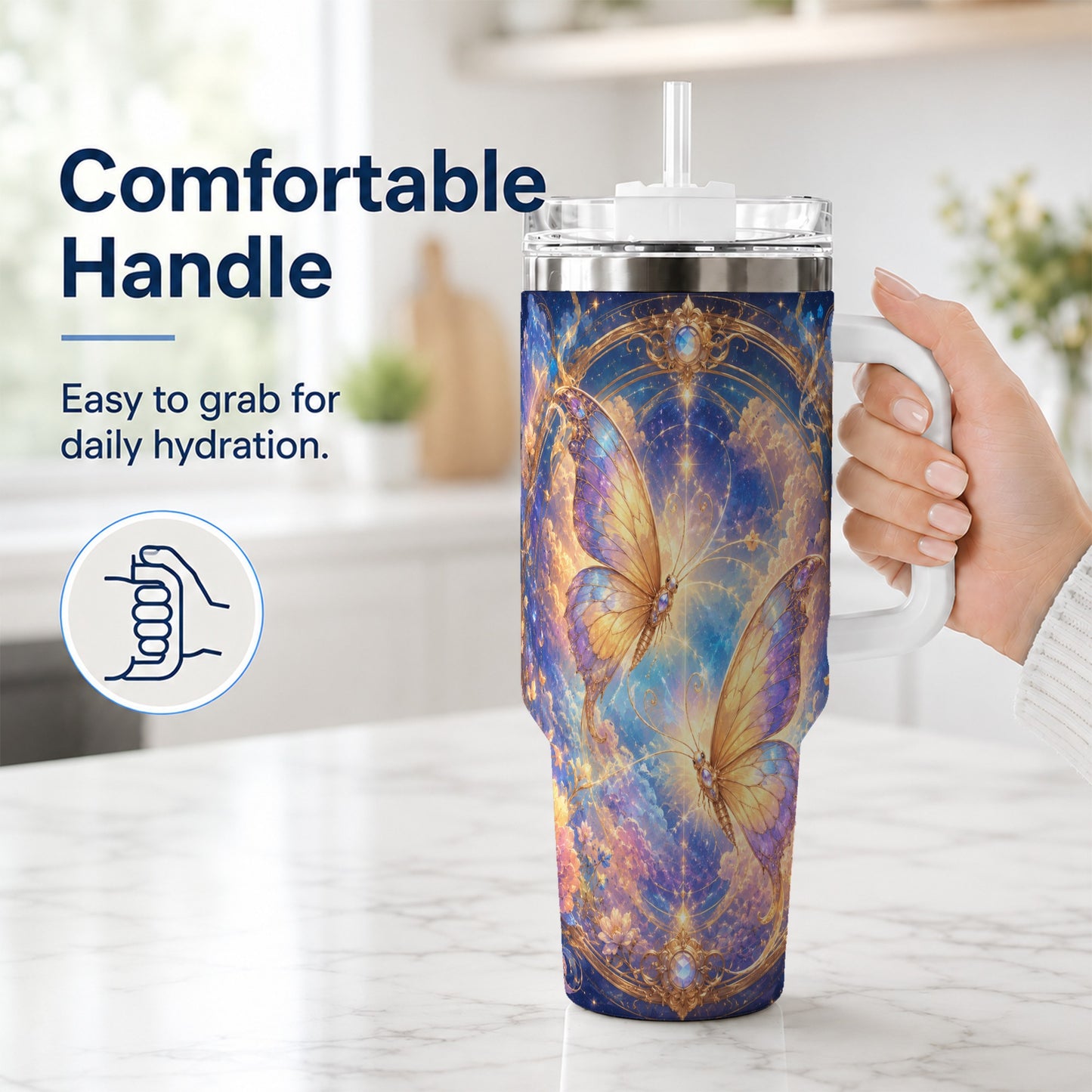 #pl[40oz|White] Celestial Butterflies 40oz Tumbler with Handle, Dreamy Butterfly Art