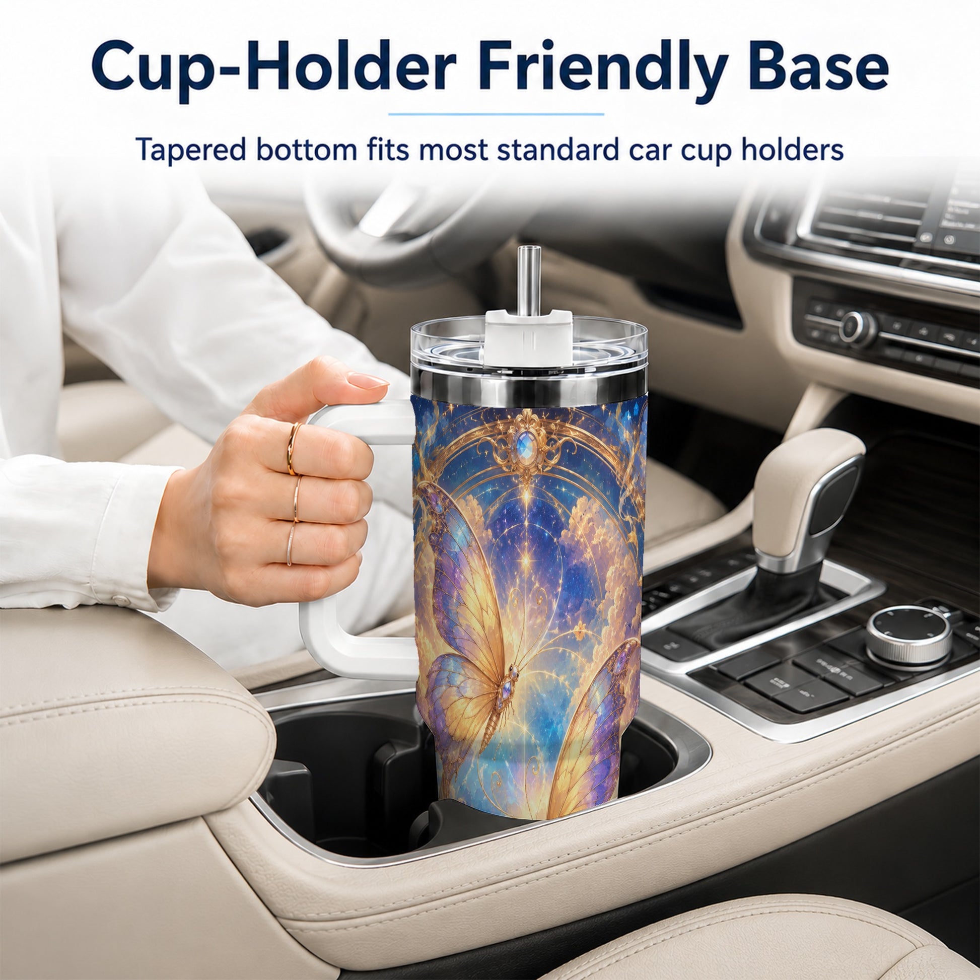 #pl[40oz|White] Celestial Butterflies 40oz Tumbler with Handle, Dreamy Butterfly Art