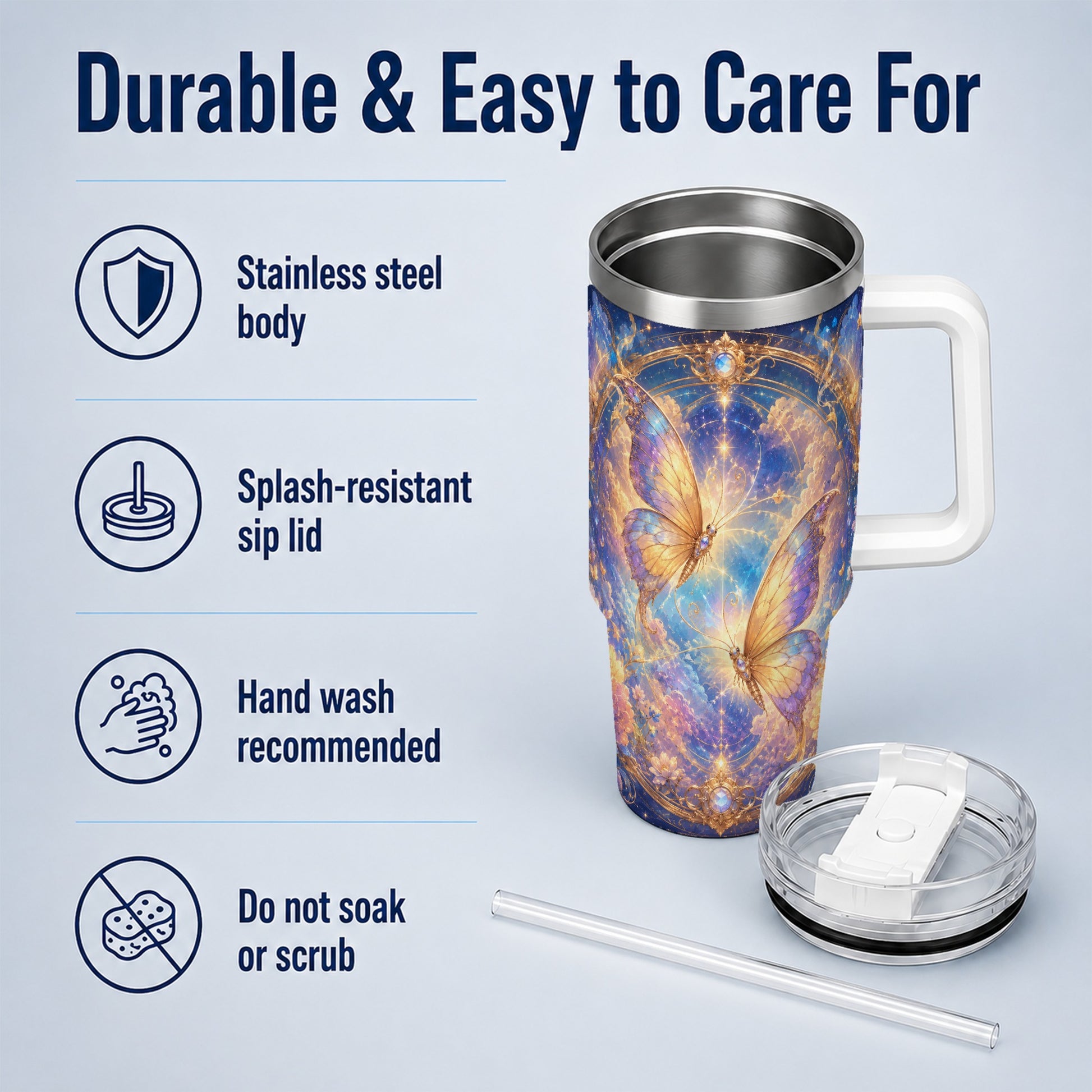 #pl[40oz|White] Celestial Butterflies 40oz Tumbler with Handle, Dreamy Butterfly Art